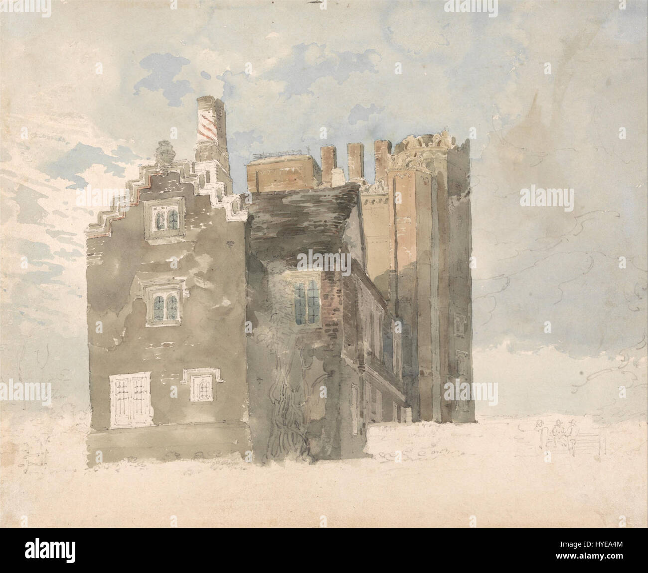 Le « Layer Marney Hall, Essex » de Thomas Girtin capture la grandeur du Layer Marney Hall du XVIe siècle dans l'Essex, connu pour son architecture Tudor. L'aquarelle de Girtin reflète la structure détaillée et les environs pittoresques de la salle, un exemple notable des premières maisons de campagne anglaises. Banque D'Images