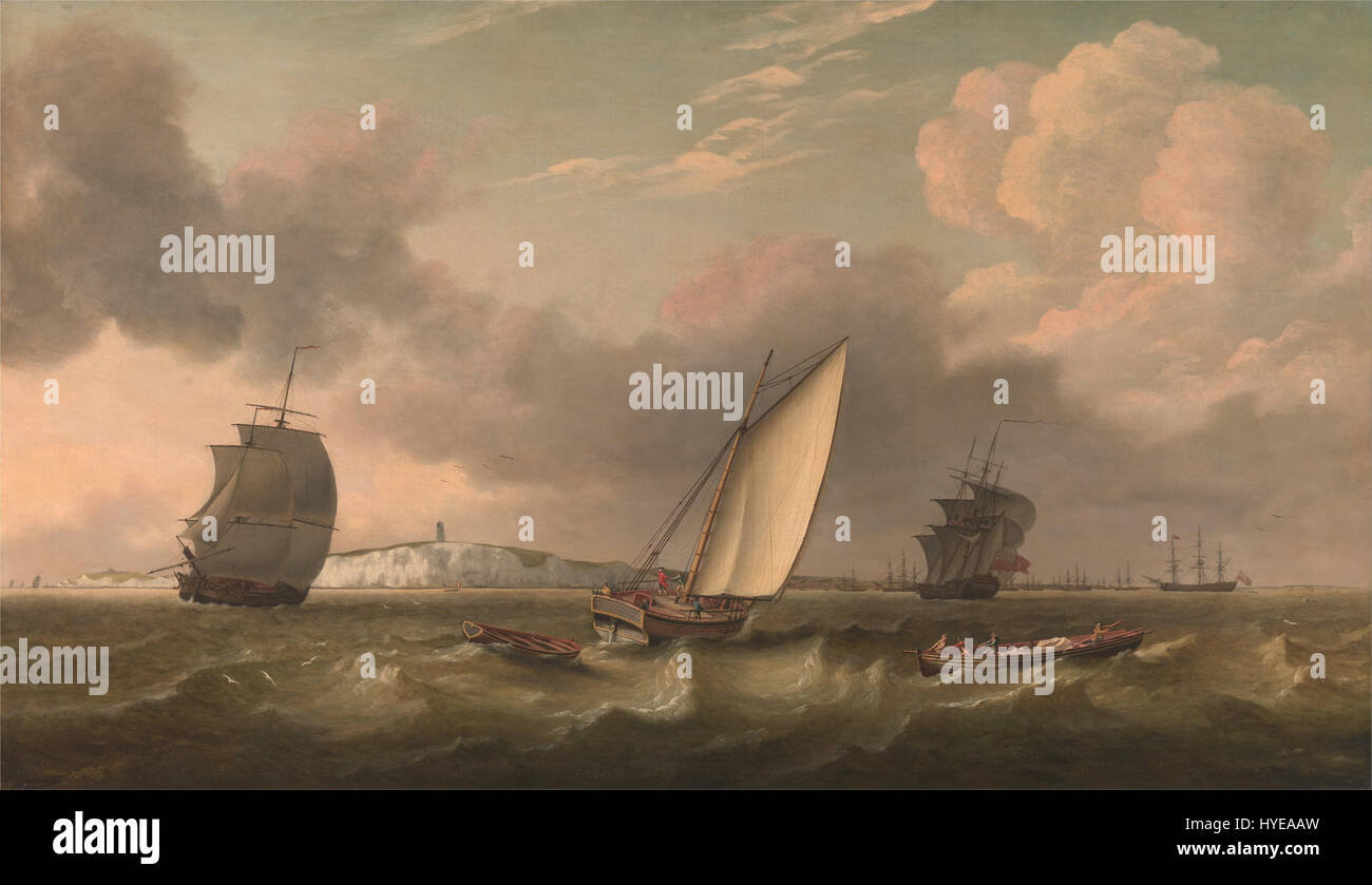 « A Packet Boat Under Sail in a Breeze off the South Foreland » de Thomas Luny capture une scène maritime avec un bateau à paquets naviguant sur la Manche. Le bateau est représenté naviguant dans les eaux aérées près de l'avant-garde sud, une zone côtière du sud de l'Angleterre. La représentation précise du vent et de l’eau par Luny met en évidence son habileté à capturer la vie maritime au XIXe siècle. Banque D'Images