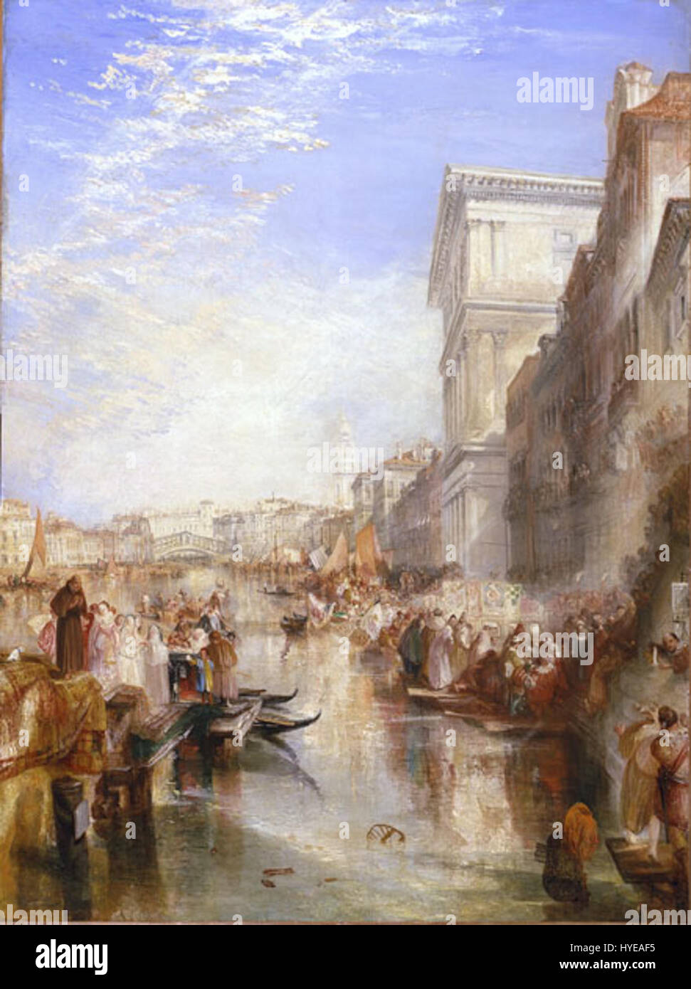 « The Grand canal Scene : a Street in Venice » de J. M. W. Turner capture l’essence des canaux et des rues emblématiques de Venise. Connu pour son utilisation atmosphérique de la lumière et des couleurs, Turner dépeint la scène urbaine animée et dynamique avec une palette vive de tons doux. Banque D'Images