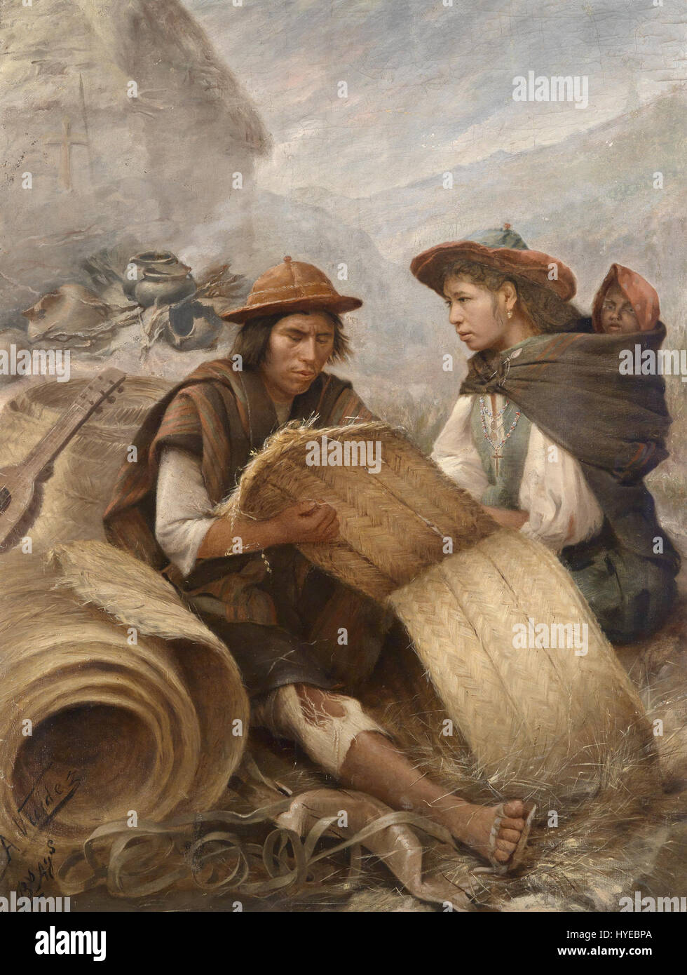 Un Indien Quechua dans les Andes, une peinture par A. Valdez, vers 1900. Banque D'Images