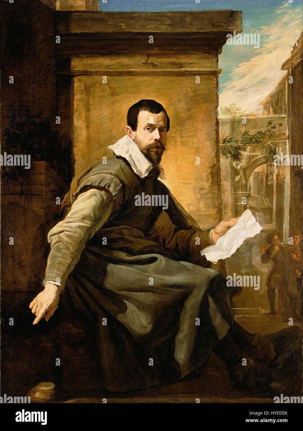 Domenico Fetti, artiste baroque italien, est connu pour ses portraits saisissants. La peinture intitulée Portrait d'un homme avec une feuille de musique reflète l'habileté de Fetti à dépeindre l'émotion et le caractère humains, combinée à sa maîtrise de la lumière et de l'ombre typiques de la période baroque. Banque D'Images