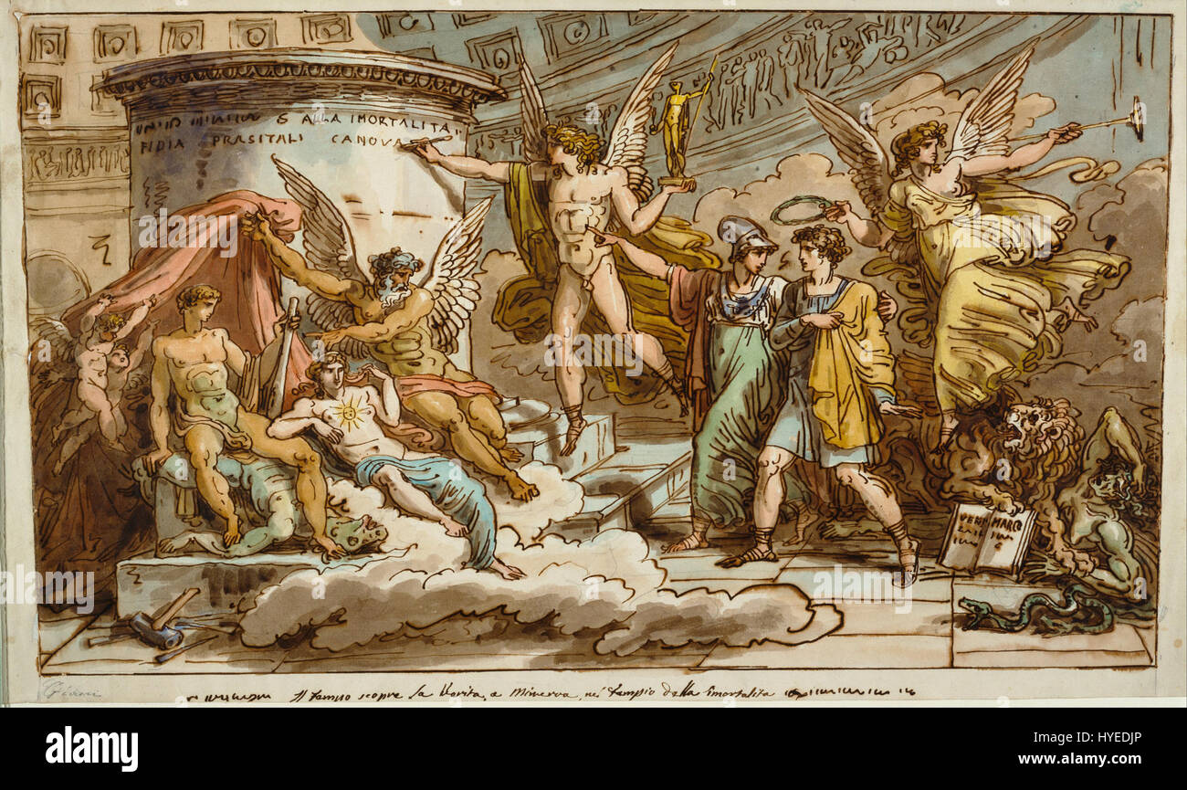 Le travail allégorique de Felice Giani sur la vie de Canova illustre les étapes du parcours de l'artiste, mettant en évidence son génie créatif et ses contributions à l'œuvre Giani capture l’essence du style classique et néoclassique de Canova dans cette œuvre. Banque D'Images