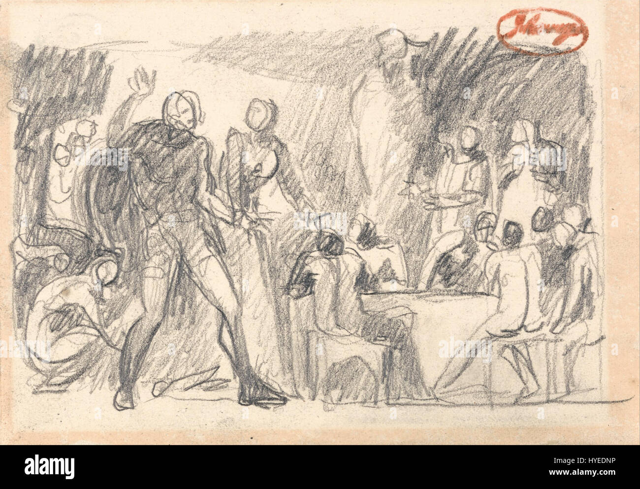 « Macbeth banquet Scene » de George Romney dépeint un moment charnière dans la tragédie de Shakespeare, capturant la tension étrange au banquet de Macbeth. L'artiste met l'accent sur le drame psychologique, mettant en valeur son habileté dans la composition narrative. Banque D'Images