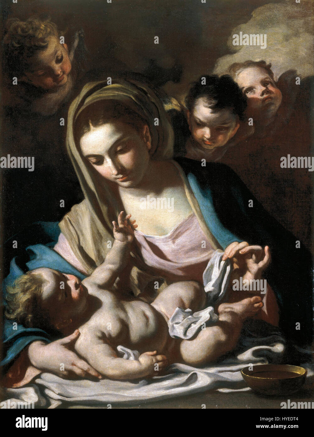 La peinture de Francesco Solimena 'Madone et enfant' reflète des thèmes religieux baroques, soulignant la nature sereine et sacrée des personnages. Banque D'Images