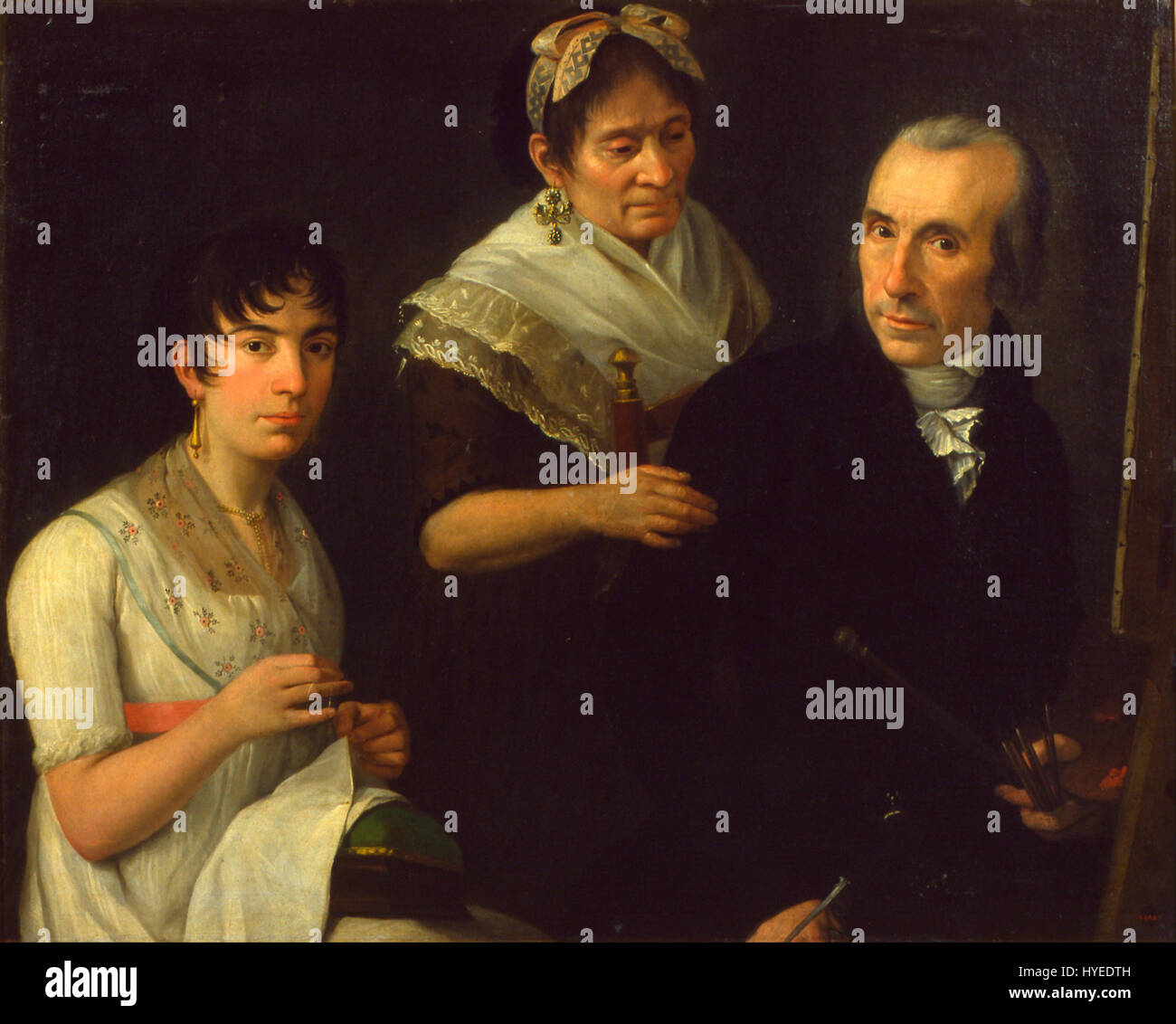 « La famille du peintre » de Francesc Lacoma i sans, peint au XIXe siècle, dépeint le lien personnel de l’artiste avec sa famille. L'œuvre est connue pour sa profondeur émotionnelle et le lien intime et familial capturé dans un style de portrait classique. Banque D'Images