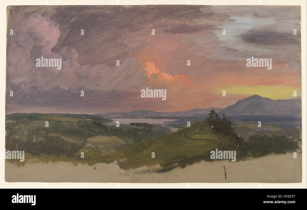 Cette peinture de Frederic Edwin Church, qui fait partie de l'école de la rivière Hudson, capture un magnifique coucher de soleil sur la vallée de l'Hudson. L'utilisation habile de la lumière et de la nature par Church capture la grandeur du paysage américain. Banque D'Images