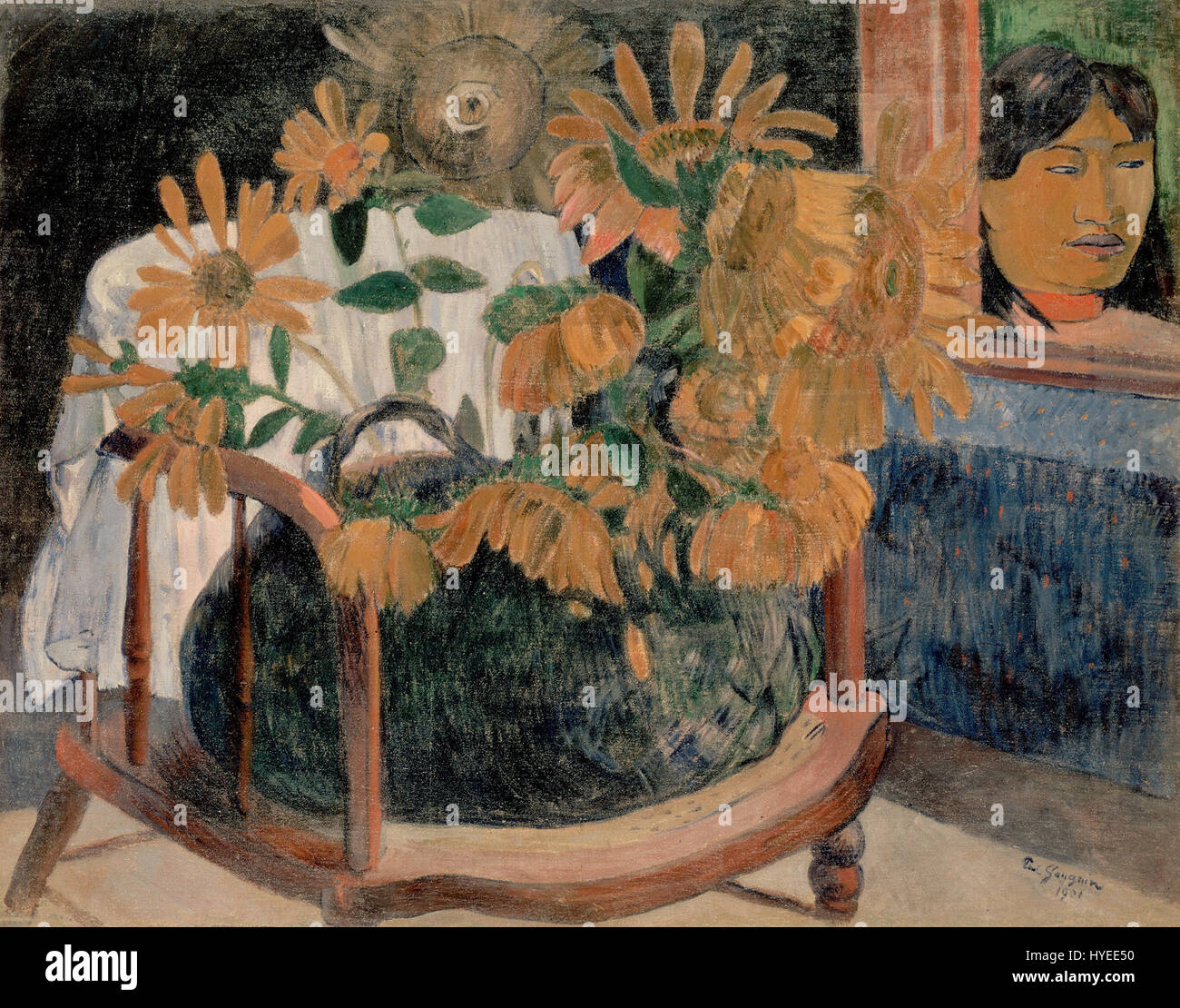 Les tournesols de Paul Gauguin représentent une nature morte vibrante de tournesols, capturant les couleurs vives des fleurs et leur signification symbolique dans les œuvres ultérieures de Gauguin. La peinture reflète son style post-impressionniste, mettant l'accent sur des coups de pinceau audacieux et expressifs. Banque D'Images