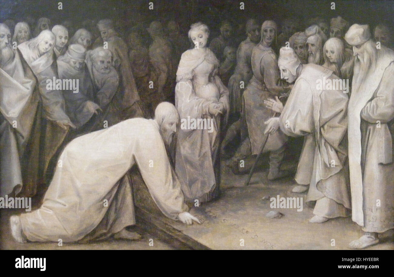 Christus und die Ehebrecherin de Jan Brueghel l'ancien dépeint la scène biblique du Christ intervenant dans la lapidation d'une femme adultère. L’œuvre reflète le style détaillé et les thèmes moraux de Brueghel. Banque D'Images