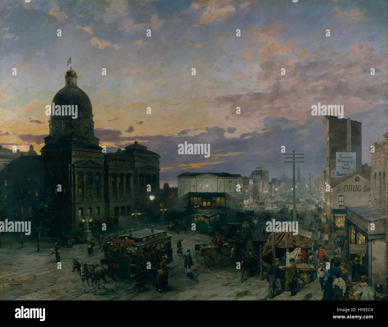 Washington Street, Indianapolis at Dusk est une peinture de Theodor Groll, représentant une scène de rue à Indianapolis pendant les heures du soir. L’œuvre capture l’ambiance de la ville au crépuscule, avec un éclairage doux et des éléments urbains. L'utilisation de la couleur et de la lumière par Groll traduit efficacement la transition du jour à la nuit dans un environnement urbain. Banque D'Images