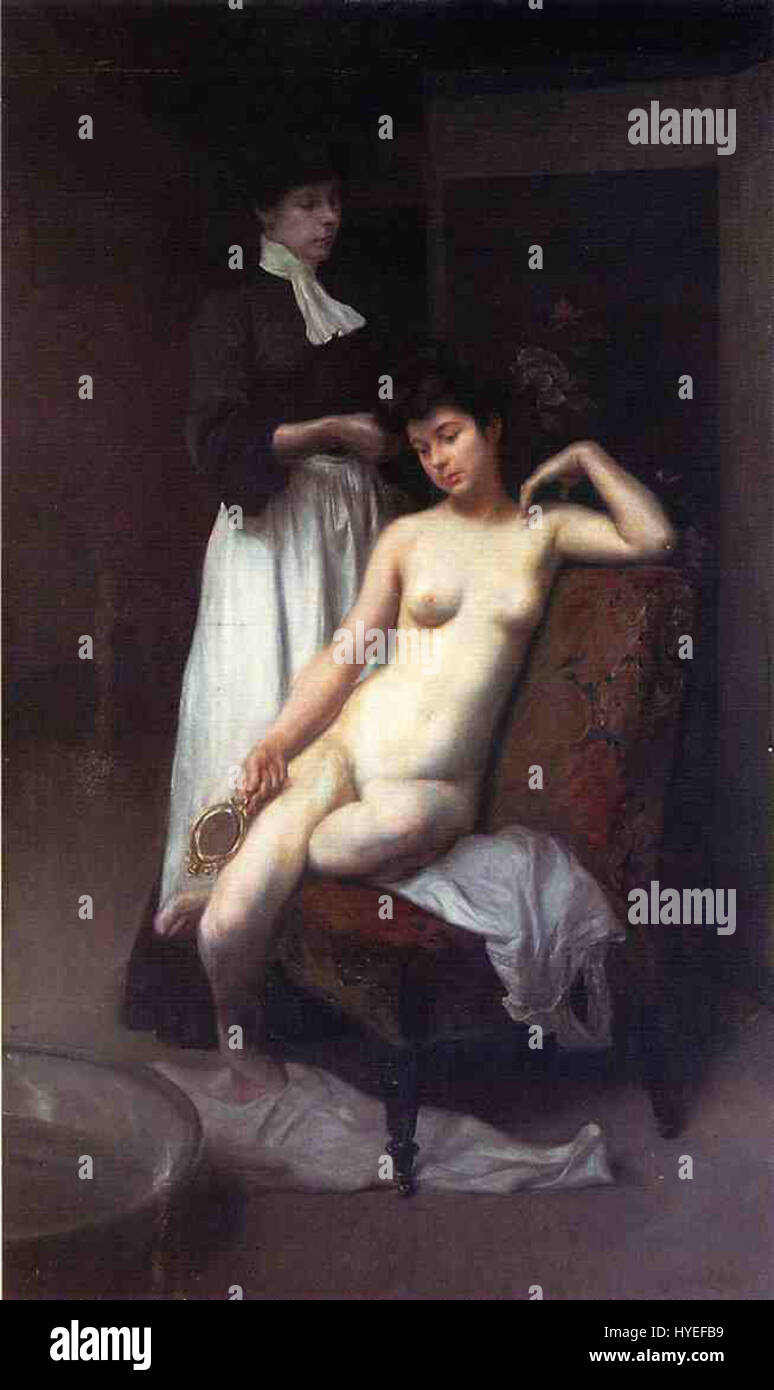 La toilette de Julius Leblanc Stewart de 1905 représente une scène sophistiquée d'une femme qui se prépare pour la journée. La peinture capture l’élégance et l’intimité des rituels personnels à travers le pinceau raffiné de l’artiste et son souci du détail. Banque D'Images