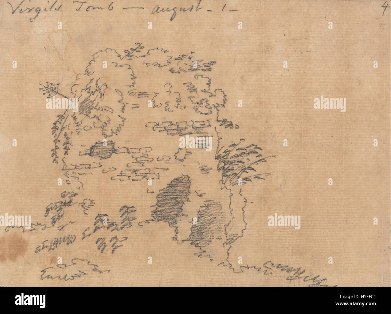 John Robert Cozens était un peintre paysagiste anglais connu pour ses représentations romantiques et atmosphériques. Sa pièce « Tombeau de Virgile » illustre le tombeau du poète romain Virgile, capturant la beauté historique et naturelle du site d'une manière sereine et évocatrice. Banque D'Images