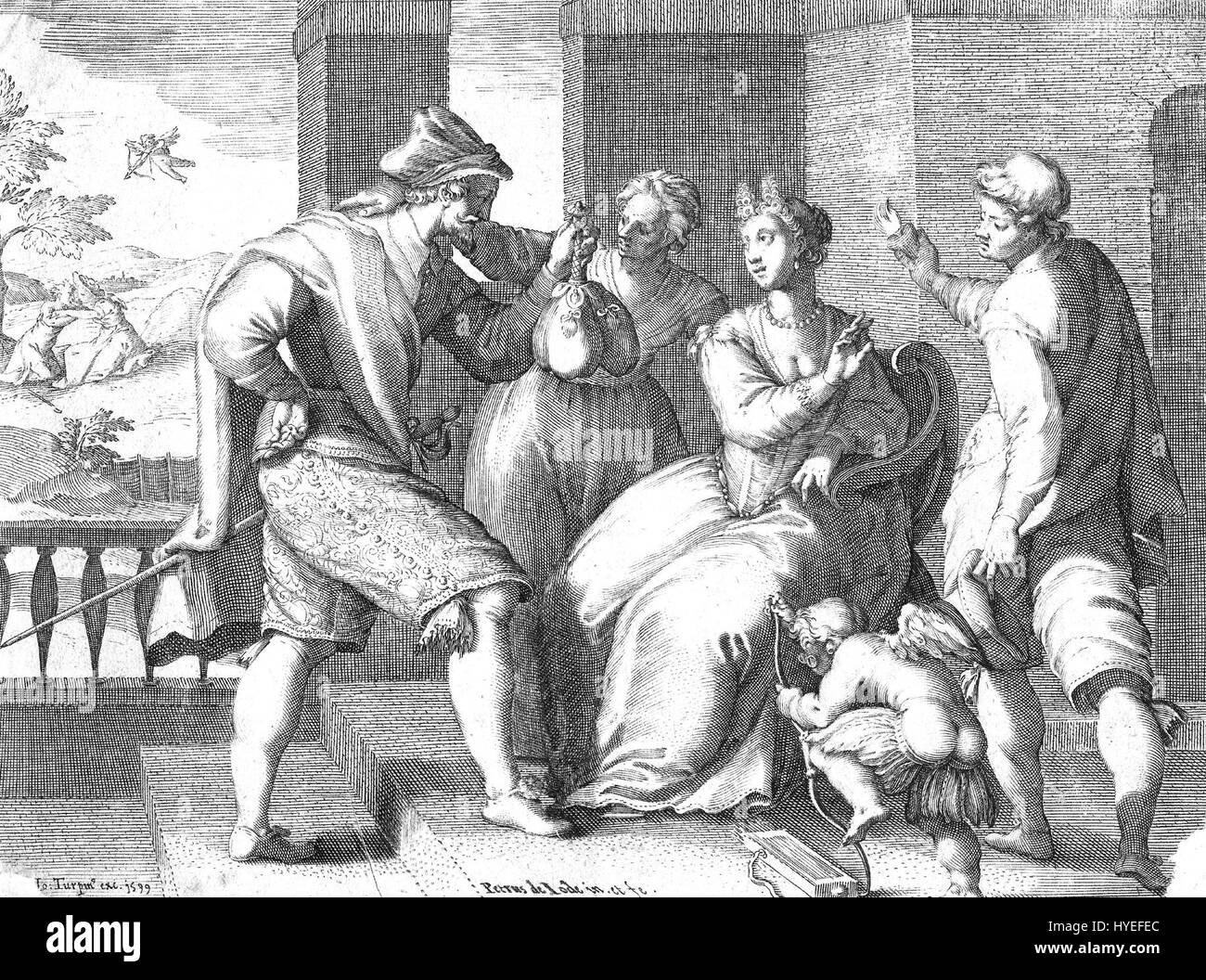 Le Brautwerbung de Jean Turpin (la cour) est une peinture de genre du XIXe siècle représentant un couple dans l'acte de cour. L’œuvre illustre l’élégance raffinée de l’époque et les interactions subtiles et expressives entre les figures. Banque D'Images