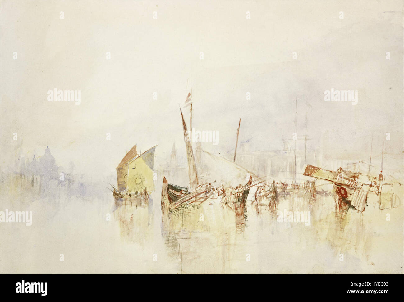 Une peinture de Joseph Mallord William Turner, capturant la vue emblématique de Venise avec une représentation vibrante du soleil, reflétant l'atmosphère de la ville et les reflets de l'eau. Banque D'Images