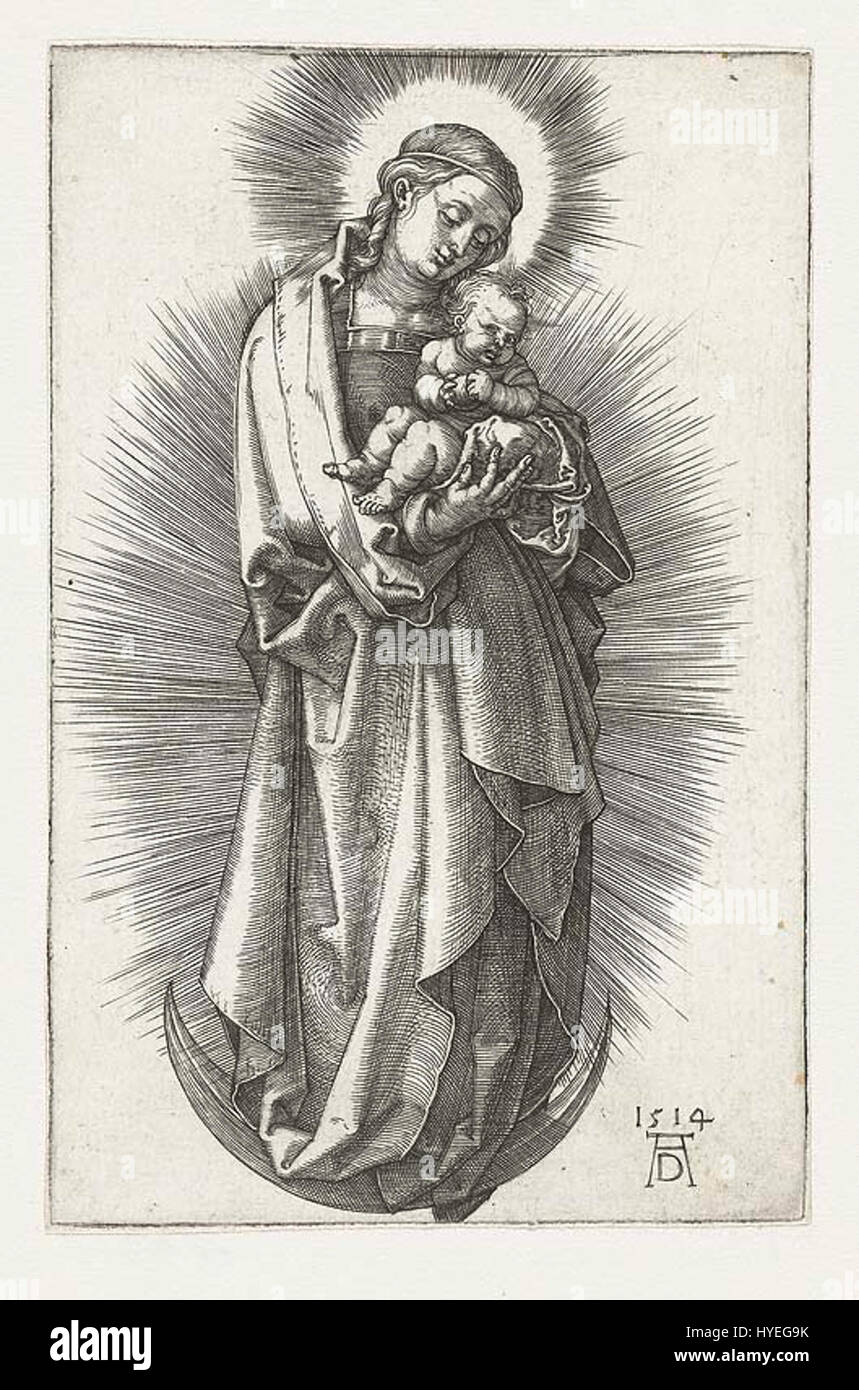Cette représentation de la Vierge à l’enfant sur un croissant de lune avec un diadème souligne le rôle divin de la Vierge Marie. L'iconographie du croissant de lune symbolise souvent la pureté, tandis que le diadème souligne son statut de reine dans Christian compris Banque D'Images