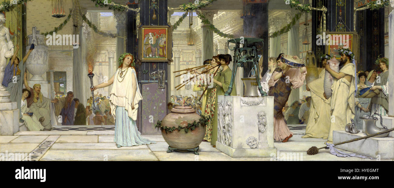 Le Festival Vintage de Lawrence Alma Tadema dépeint une scène de réjouissances et de célébrations, mettant en valeur la culture et les traditions romaines anciennes. La peinture représente les gens qui apprécient la fête des moissons, en mettant l'accent sur la joie et l'abondance de la vie dans les temps anciens. Banque D'Images