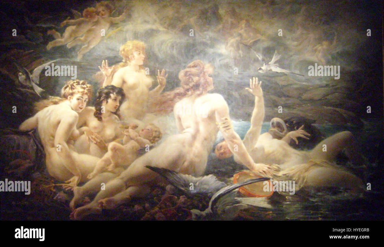 'Les sirènes visitees par les muses, lalyre' est une œuvre d'art française représentant la scène mythologique où les sirènes sont visitées par des muses avec une lyre. La pièce illustre des thèmes classiques de la mythologie grecque, en se concentrant sur l'interaction entre les êtres divins et leurs instruments de musique, mêlant fantaisie et beauté. Banque D'Images