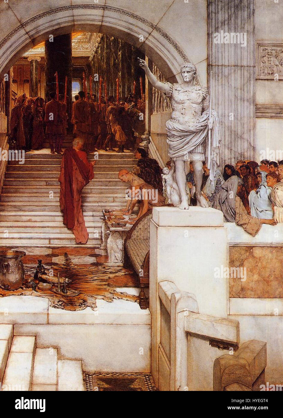 « Après le public » de Lawrence Alma-Tadema capture un moment de contemplation sereine après une audience royale. La peinture dépeint une scène somptueuse et détaillée, soulignant la maîtrise de l’artiste dans la représentation d’intérieurs et de figures romaines luxueuses. Banque D'Images