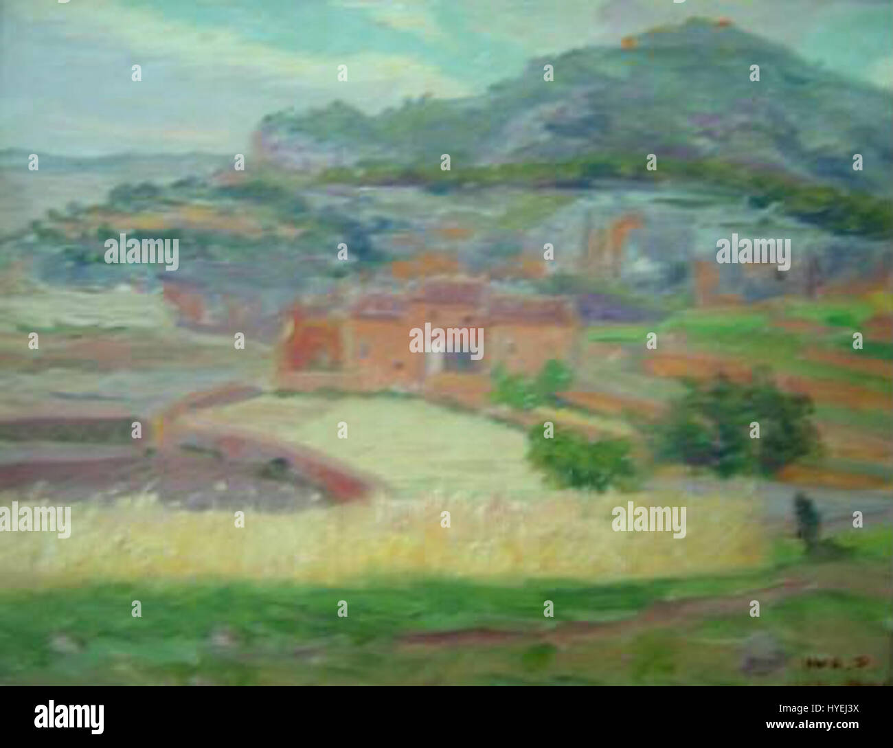 'Paisatge' de Joan Miró, peint en 1905, est une œuvre paysagère abstraite, mettant en valeur les premières expérimentations du parcours artistique de Miró. La pièce capture des formes organiques et des couleurs vibrantes indicatives de son style surréaliste ultérieur. Banque D'Images