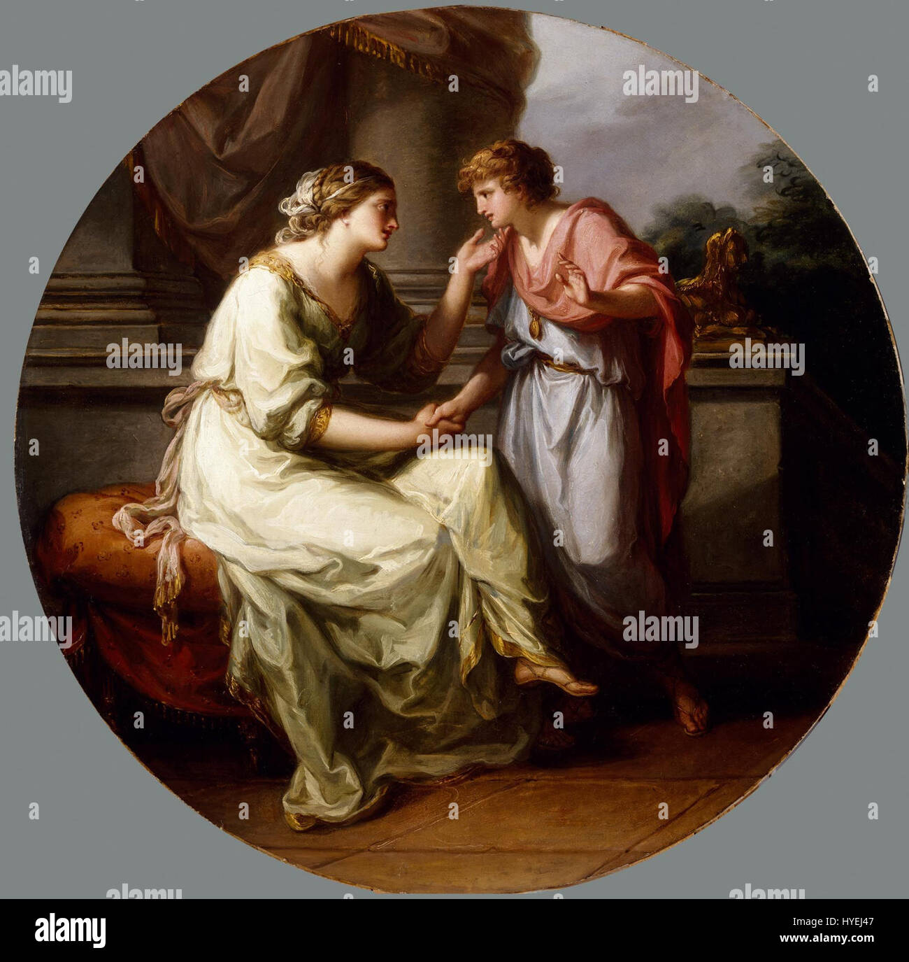 Papirius Praetextatus supplié par sa mère de révéler les secrets des délibérations du Sénat romain est une peinture néoclassique d'Angelica Kauffman. L'œuvre illustre un moment de l'histoire romaine antique, représentant le jeune Papirius Praetextatus pressé par sa mère de révéler les secrets des délibérations du Sénat romain. Banque D'Images