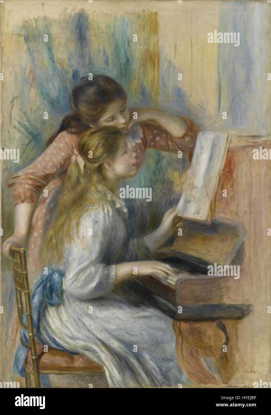 Le tableau de Pierre Auguste Renoir, « jeunes filles au Piano », représente deux jeunes femmes assises devant un piano, reflétant le style caractéristique de l'artiste qui capture des scènes domestiques intimes. Renoir était une figure de proue du mouvement impressionniste, connu pour son utilisation vibrante de la couleur et de la lumière. Banque D'Images