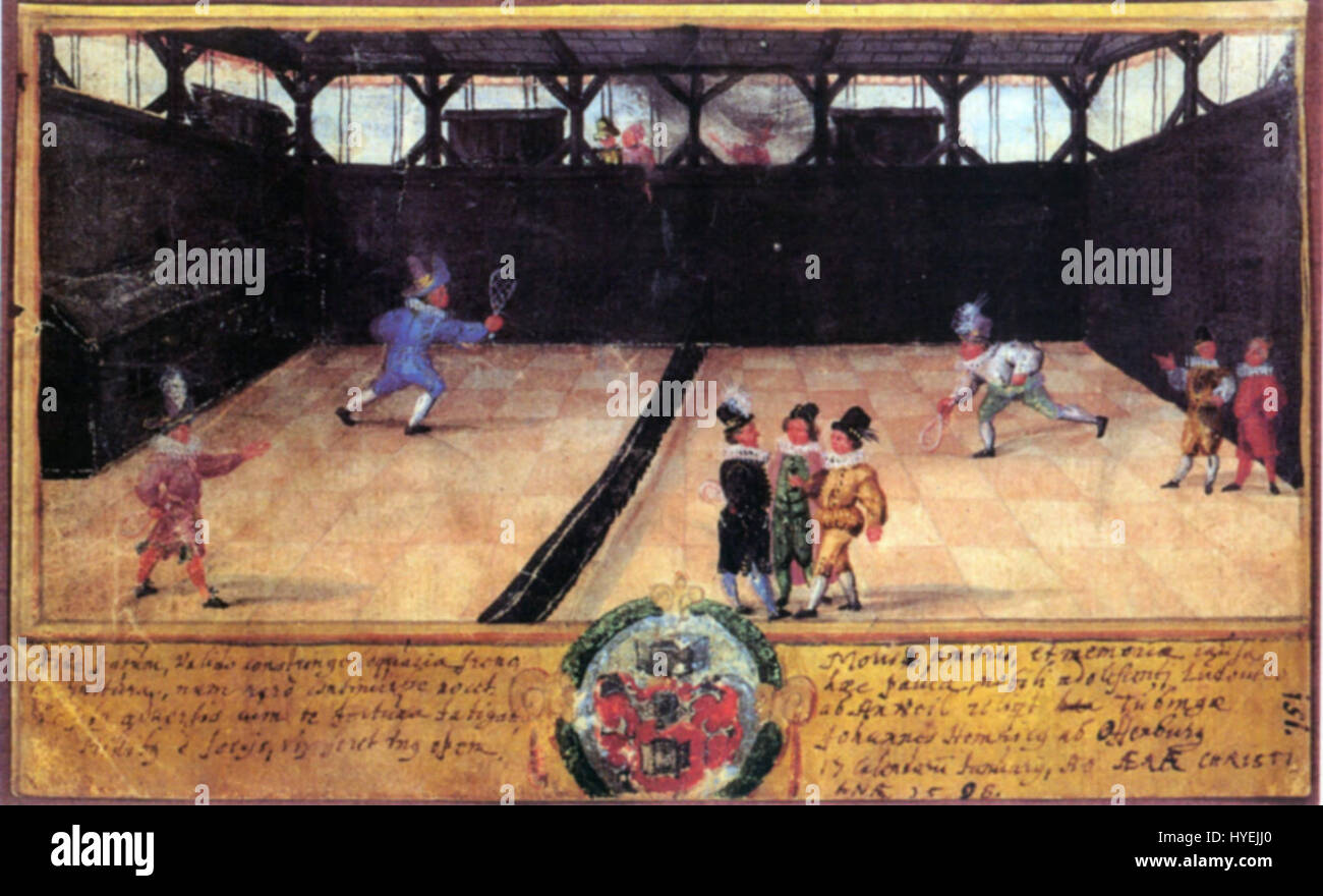 Cette image historique représente une partie de tennis jouée pendant la période Renaissance à Tübingen, en Allemagne. La scène capture un moment dans le temps du XVIe siècle, présentant les premières formes du tennis comme une activité de loisirs appréciée par les élites européennes. La représentation met en évidence les vêtements, les pratiques sociales et les loisirs de l'époque. Banque D'Images