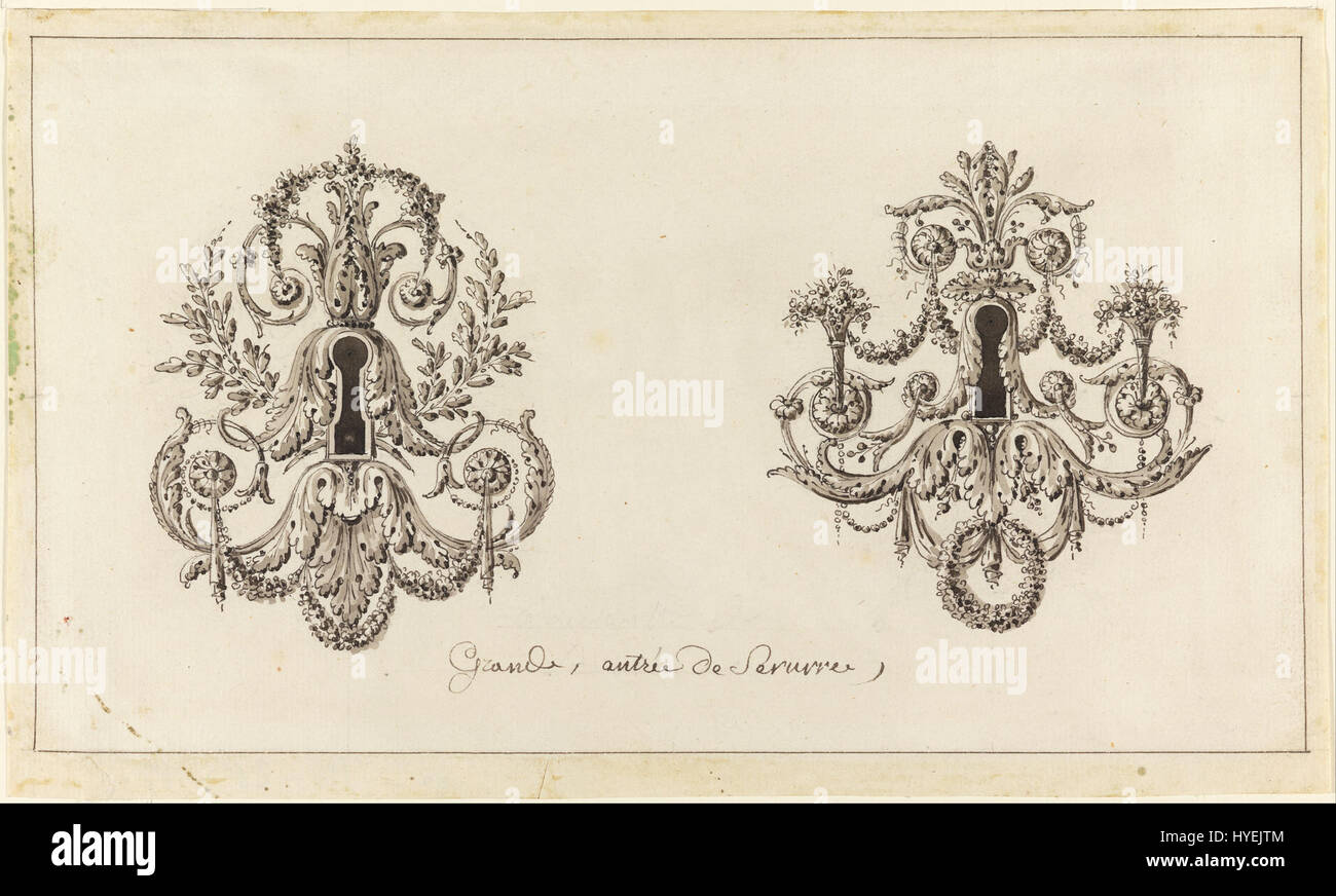 Le design de Richard de Lalonde pour deux porte-clés en bronze démontre son expertise en métallurgie, mêlant détails complexes et design fonctionnel. Les plaques clés démontrent un mélange d'aspects ornementaux et pratiques, caractéristiques des contributions de de Lalonde aux arts décoratifs du XIXe siècle Banque D'Images