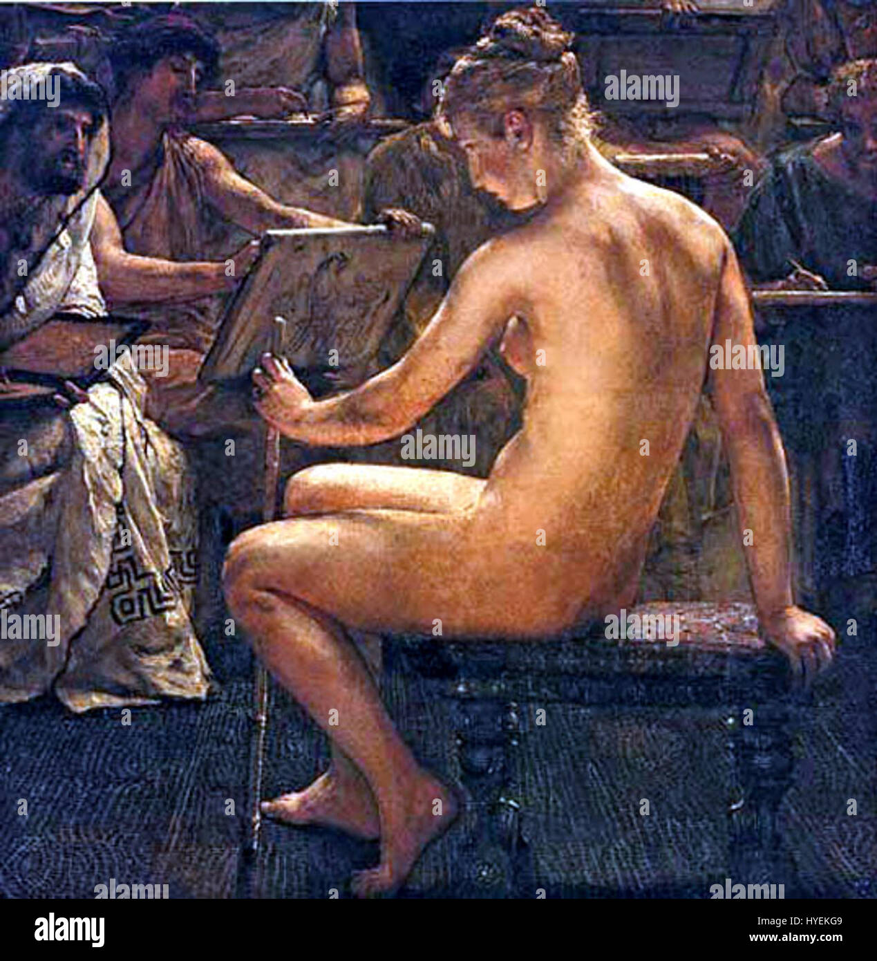 « Un estudio romano » est une peinture de Lawrence Alma-Tadema, connu pour ses représentations de sujets classiques. L’œuvre dépeint un décor d’étude romaine, reflétant la fascination d’Alma-Tadema pour la Rome antique. L’attention de l’artiste aux détails architecturaux et l’utilisation de la lumière et de la couleur créent une scène vivante et immersive de la vie romaine. Banque D'Images