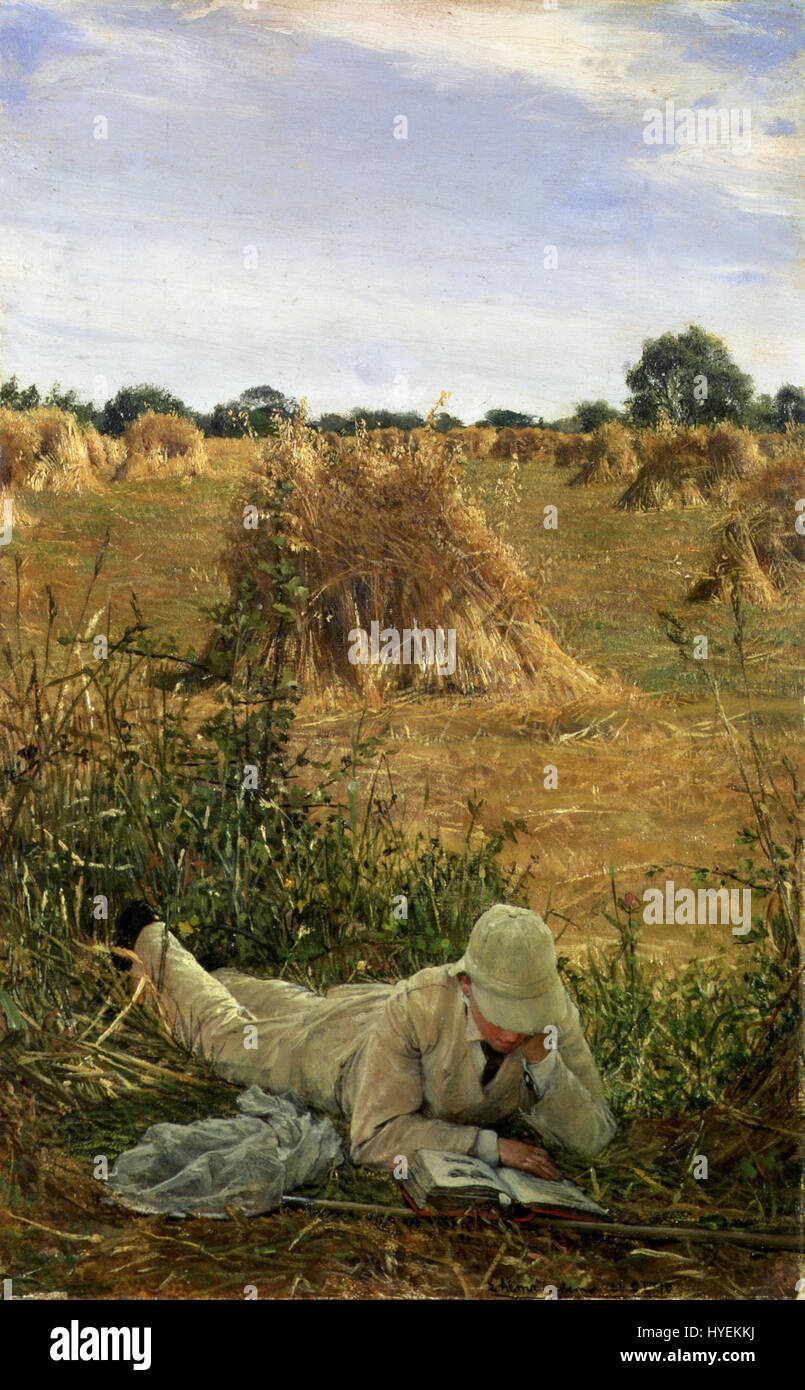'94 degrés à l'ombre' de Sir Lawrence Alma Tadema présente une scène de chaleur intense, avec un groupe de personnages en tenue romaine antique se relaxant sous le soleil oppressant. La peinture capture la sensation de chaleur à travers sa palette de couleurs chaudes et les détails complexes de l'architecture classique. Banque D'Images