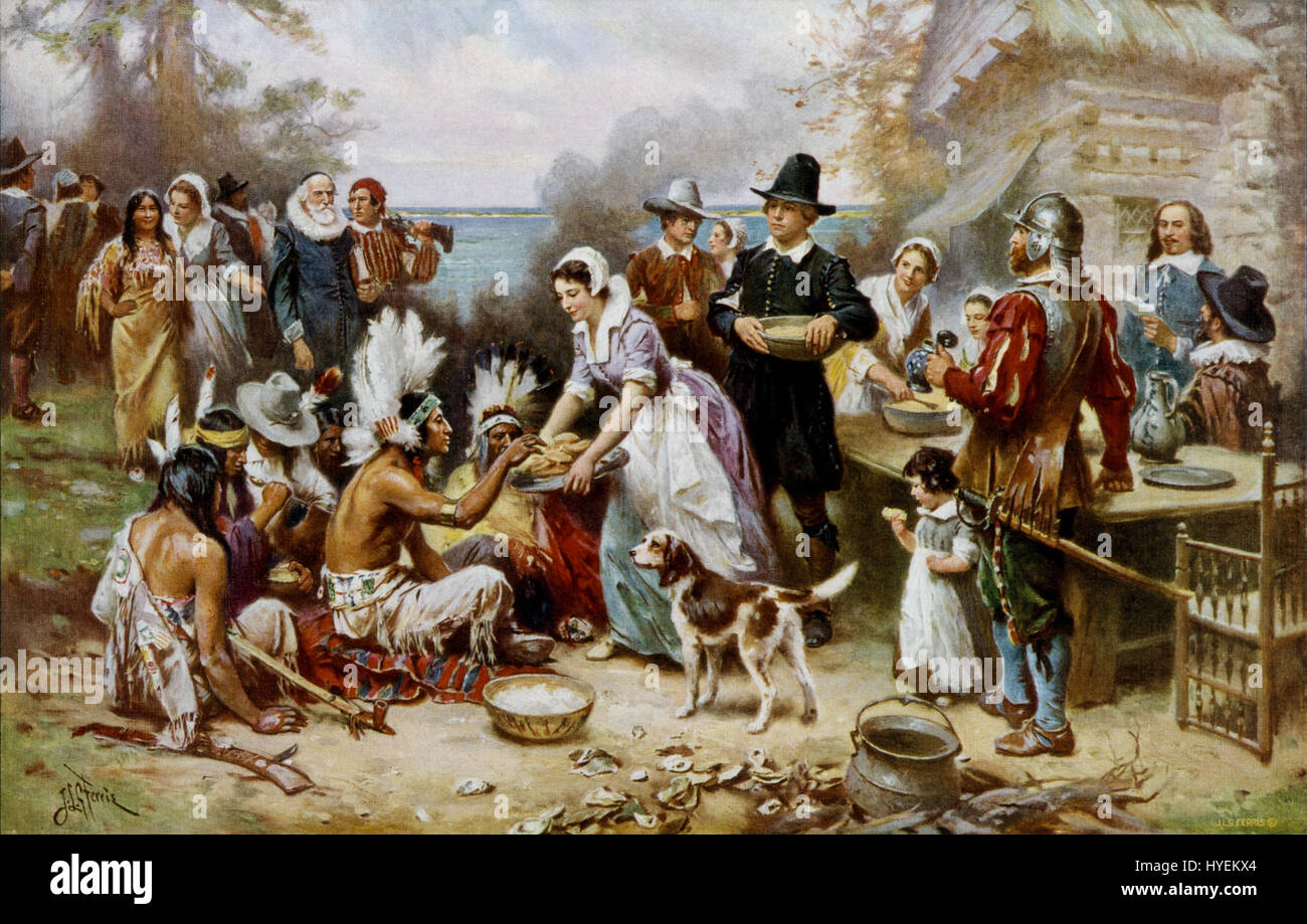 Le tableau 'le premier Thanksgiving' capture l'événement historique de la fête de 1621 entre les pèlerins et les Amérindiens. Il représente l'unité et l'échange des cultures pendant les premières années de la colonisation américaine. Banque D'Images