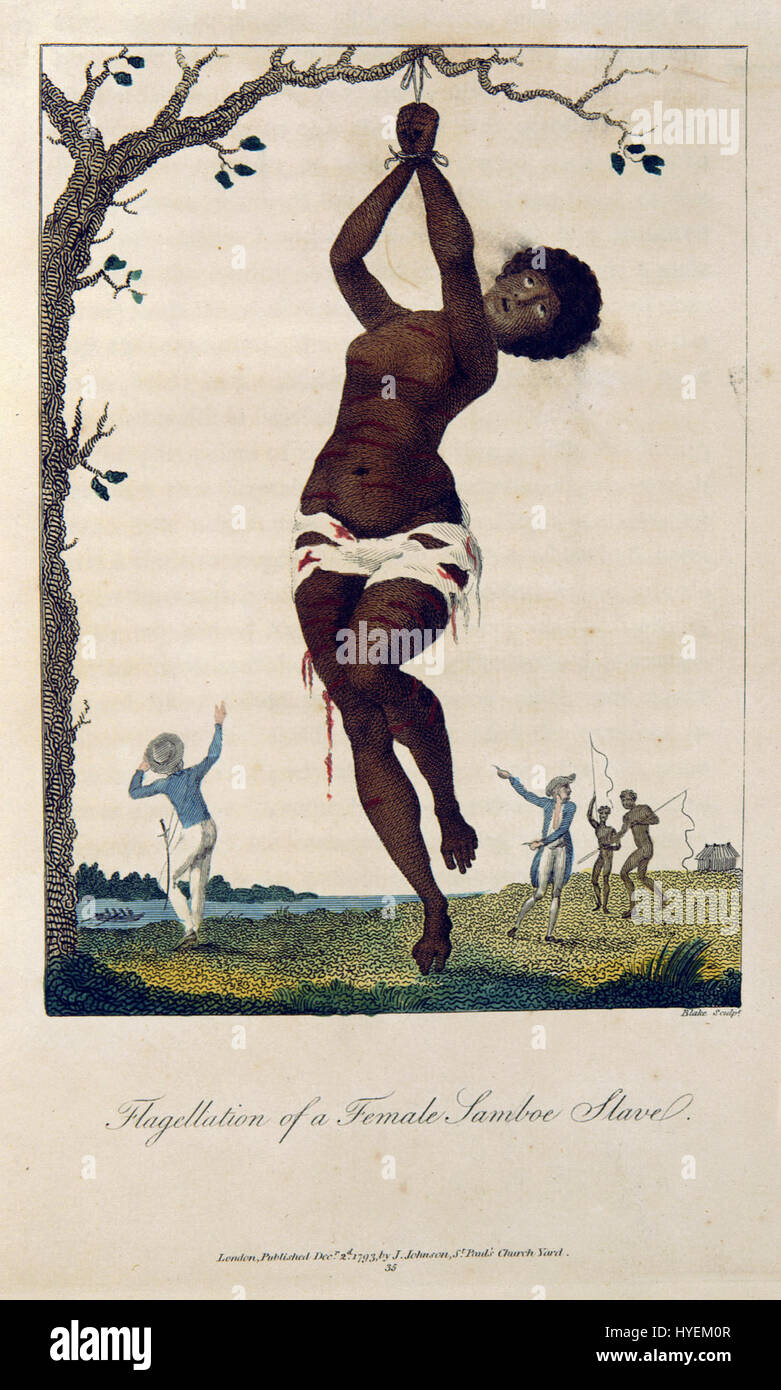 Cette image est une reproduction d'une œuvre de William Blake, basée sur le récit de cinq ans de John Gabriel Stedman, qui détaille les expériences de Stedman au Suriname, accompagné des illustrations frappantes de Blake. Banque D'Images