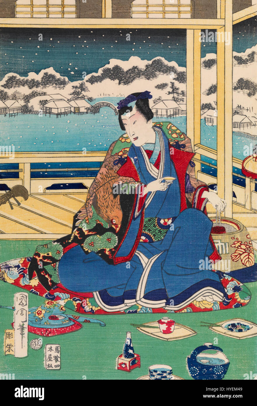 Cette estampe ukiyo-e de Toyohara Kunichika illustre une scène du Genji Monogatari, où le protagoniste voit la neige depuis un balcon. L'estampe reflète l'art traditionnel japonais, mettant l'accent sur la nature, la beauté et la littérature. Banque D'Images