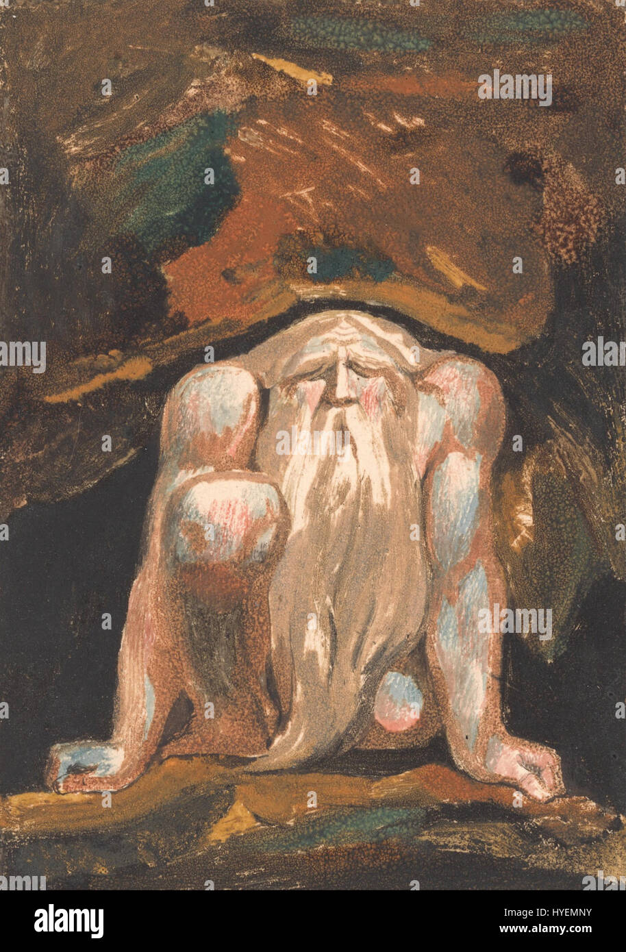 'The First Book of Urizen, planche 8' de William Blake fait partie de sa série de poèmes enluminés, représentant l'art visionnaire de Blake aux côtés de son texte poétique. Cette plaque illustre le récit d'Urizen, figure mythologique de Blake représentant la raison, avec des gravures complexes et des images symboliques reflétant les thèmes de la création et de la condition humaine. Banque D'Images