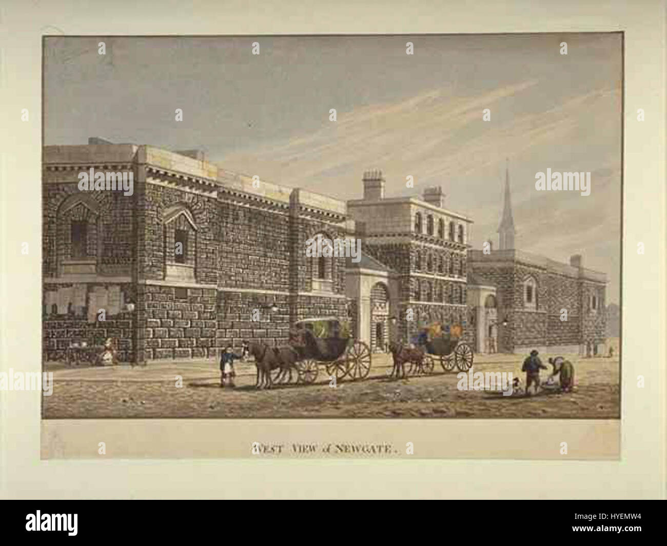 La « West View of Newgate » de George Shepherd offre une représentation détaillée de la prison de Newgate à Londres, capturant l'architecture historique et les environs du XIXe siècle. Newgate était connu pour héberger des prisonniers en attente de jugement ou d'exécution. Banque D'Images