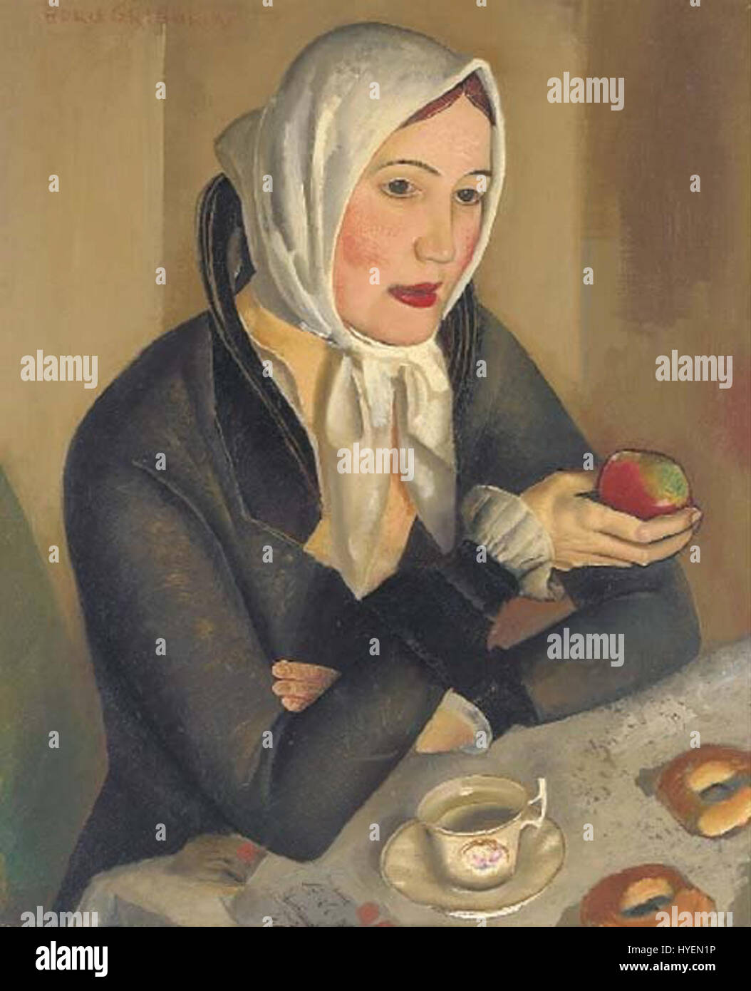 'Femme avec pomme' de B. Grigoriev est une peinture qui explore le thème de la féminité et de la forme humaine, capturant une femme tenant une pomme. Le style de Grigoriev est connu pour son utilisation vivante de la couleur et la représentation expressive de la figure humaine. Banque D'Images