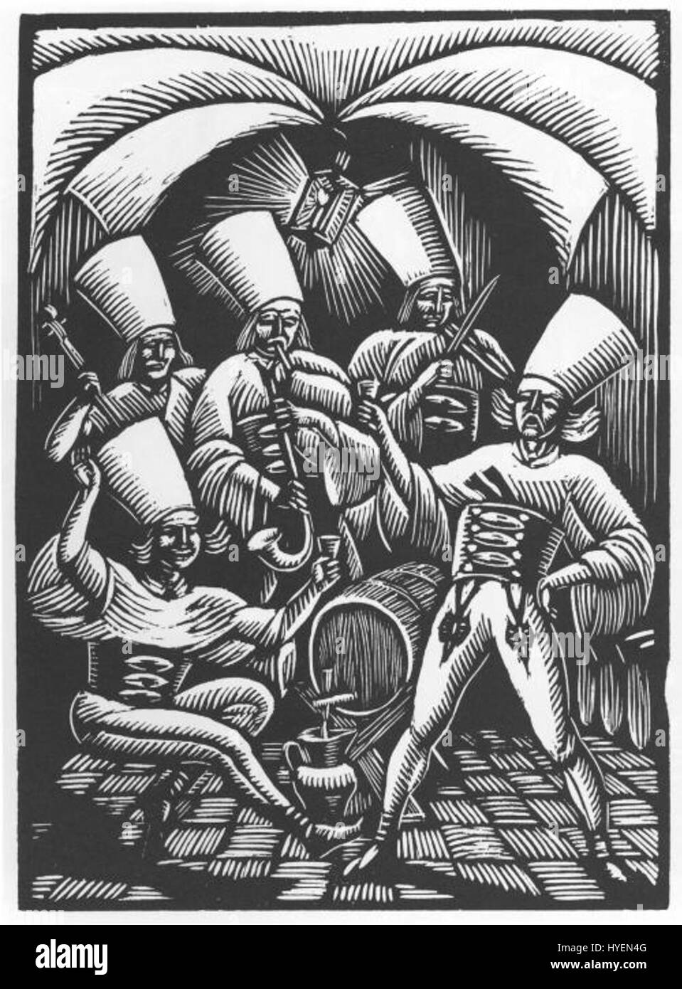Cette estampe de l’artiste polonais Władysław Skoczylas présente une scène dans une cave en briques, mettant en valeur l’habileté de l’artiste à capturer la lumière et l’ombre atmosphériques. Skoczylas était connu pour ses gravures et estampes. Banque D'Images