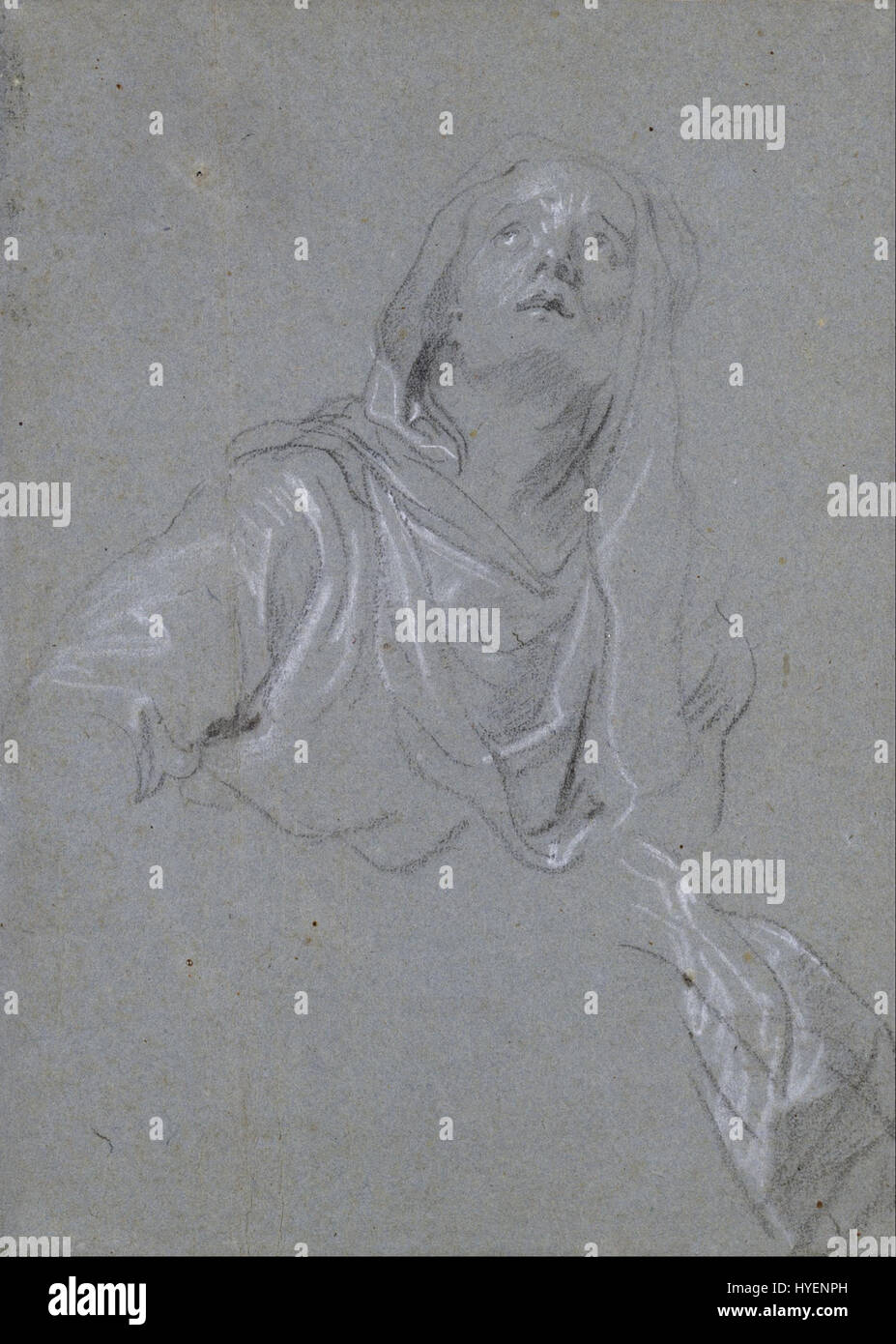 L'étude d'Anton van Dyck sur la Vierge dépeint la figure dans une pose sereine et contemplative, regardant vers le haut, illustrant sa maîtrise dans la représentation de figures religieuses avec une profondeur émotionnelle. Banque D'Images