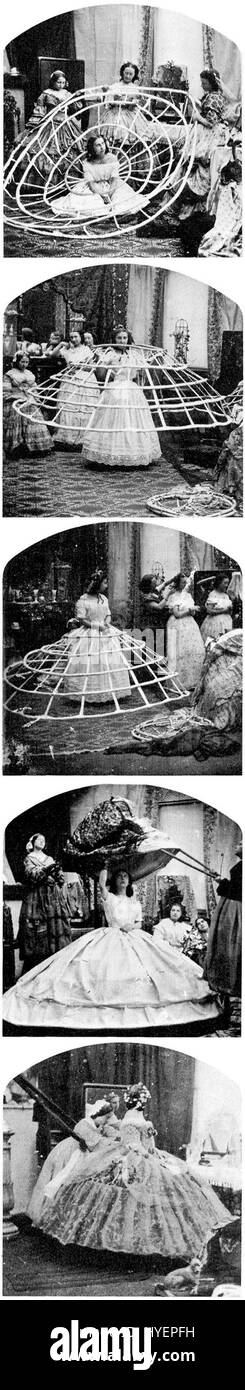 Cette photographie mise en scène d'environ 1860 explore avec humour la mode crinoline de l'époque. La série de photos met en scène des femmes en crinolines, exagérant la taille de leurs jupes pour un effet comique, mettant en valeur une vision ludique des tendances de la mode victorienne. Banque D'Images