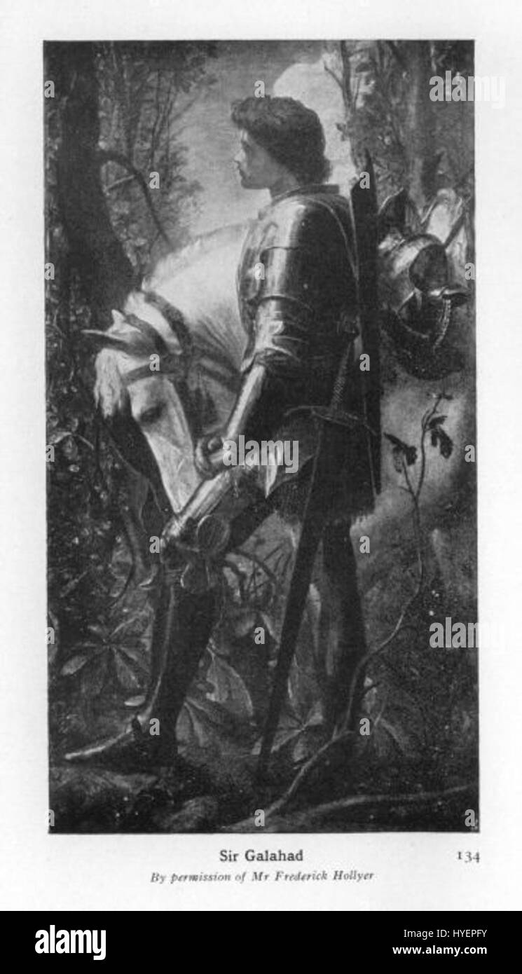 La représentation du roi Arthur et Galahad par Cutler illustre un moment de la légende arthurienne. La peinture se concentre sur Galahad, le chevalier pur, alors qu'il se lance dans sa quête du Saint Graal, aux côtés du roi Arthur. Il reflète des thèmes de chevalerie, d'honneur et de noble poursuite. Banque D'Images