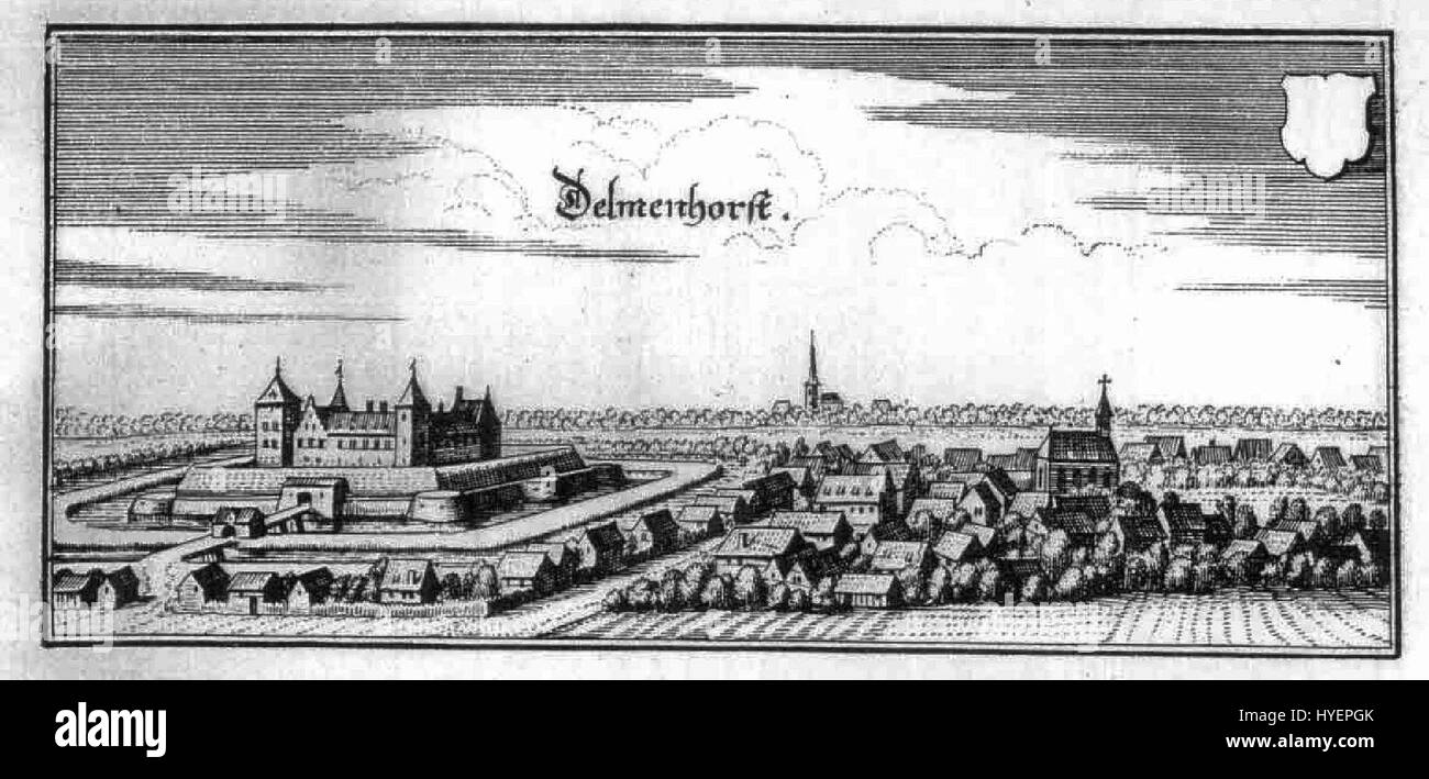 Delmenhorst, représenté dans cette œuvre de Merian, montre une gravure détaillée du paysage de la ville, capturant son architecture, la vie locale et l'environnement naturel environnant. Cette pièce fait partie de la série des villes allemandes. Banque D'Images