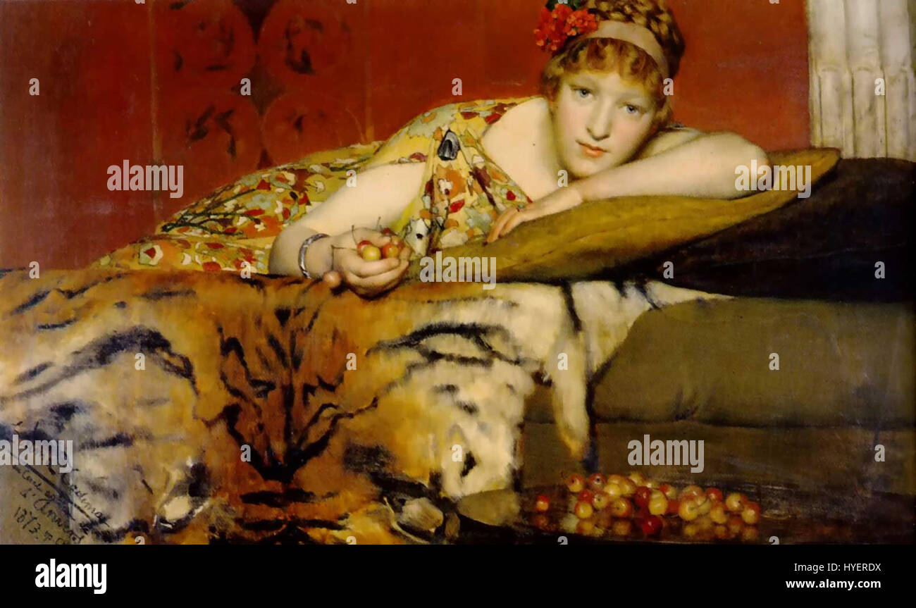 La peinture « cerises » de Lawrence Alma-Tadema présente une scène classique, avec un accent sur les détails fins et les couleurs vibrantes. L'œuvre illustre le style de l'artiste de romantiser le monde antique avec une attention méticuleuse à la forme et à la texture. Banque D'Images