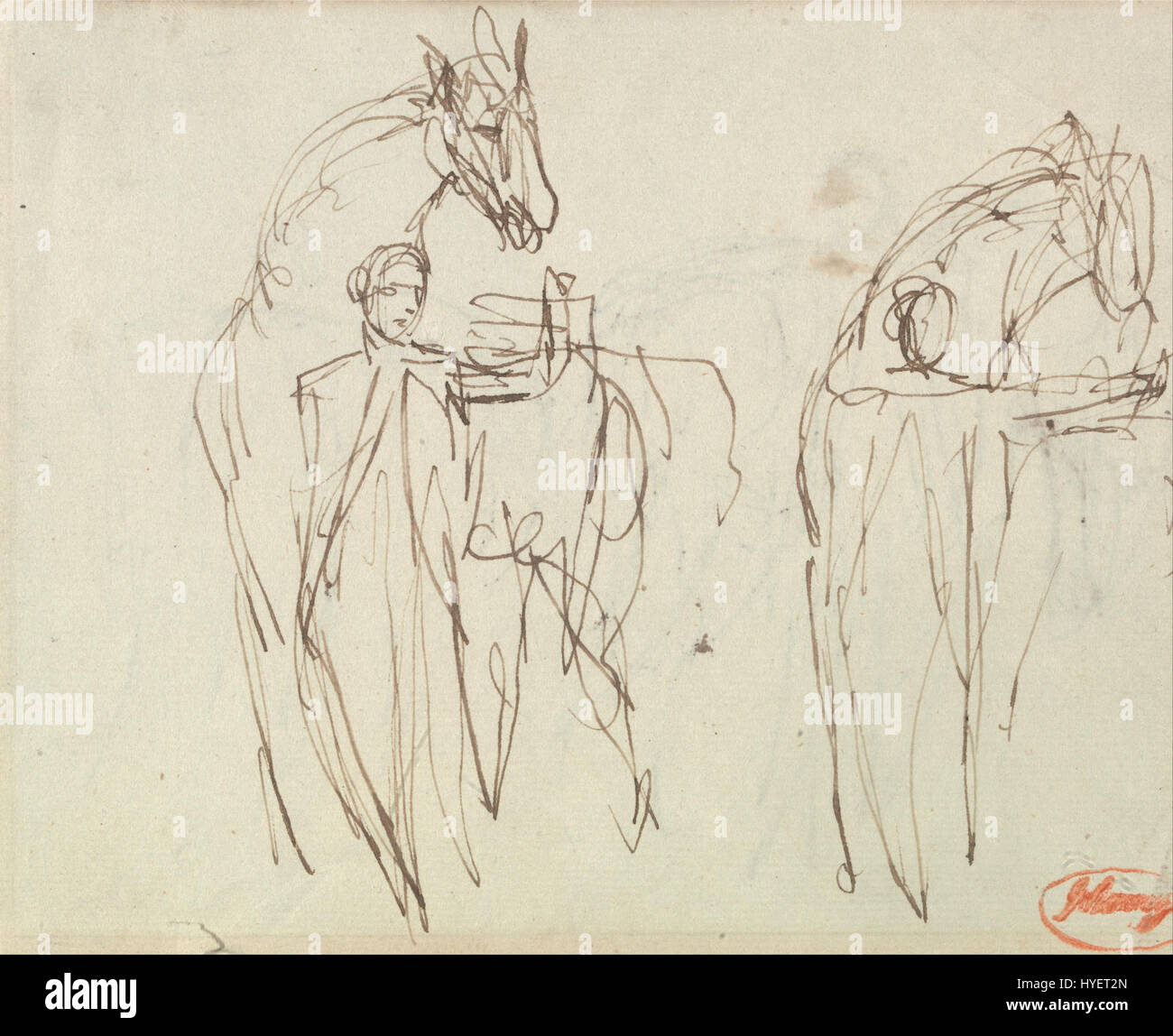 Les esquisses de George Romney pour « A Man with a Horse » sont une étude du mouvement et de la forme. Les croquis révèlent l’attention de Romney aux détails et sa capacité à capturer la relation dynamique entre la figure et l’animal dans un style réaliste. Banque D'Images