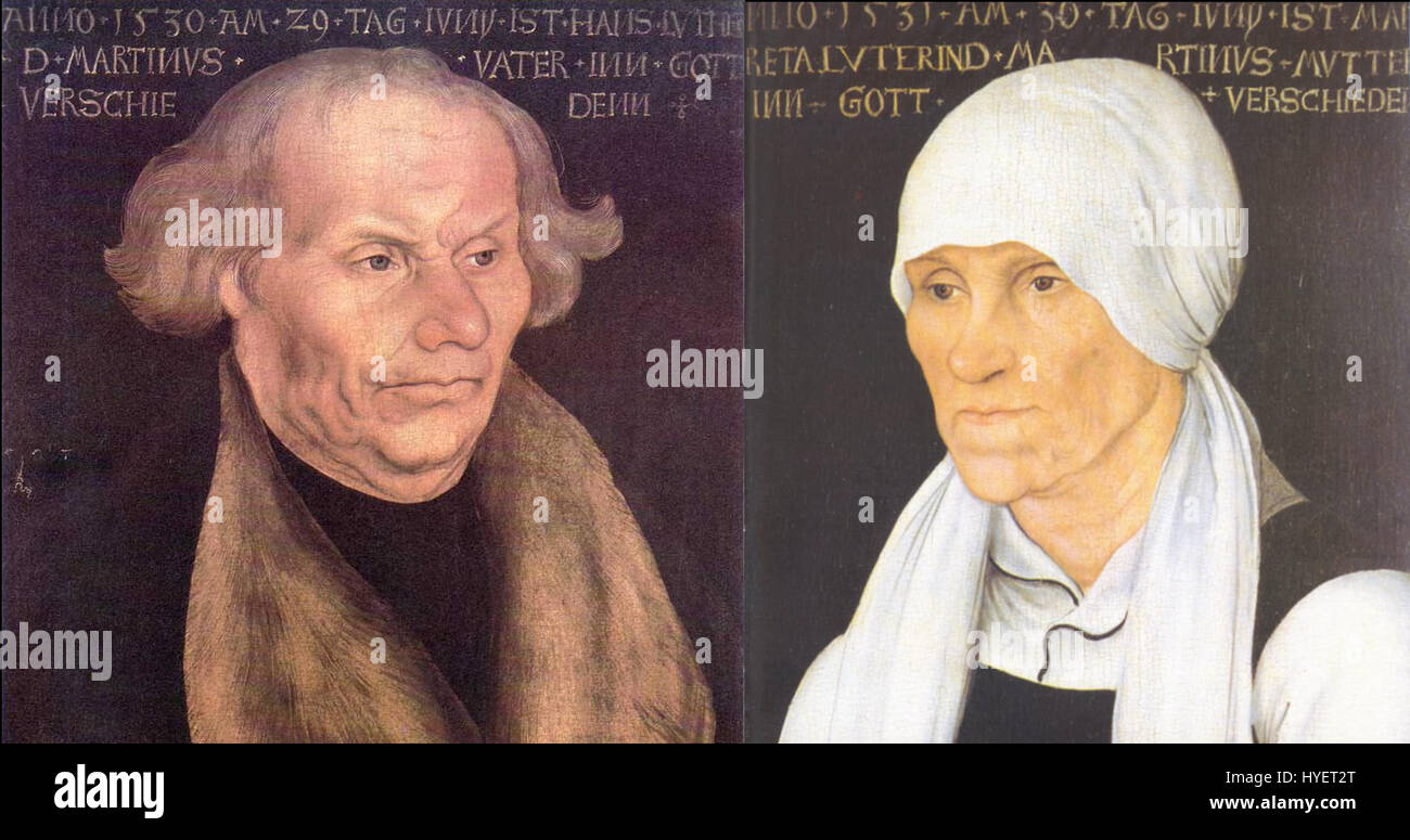 Ce portrait de Lucas Cranach l'ancien représente Hans et Margarethe Luther, offrant un aperçu de l'apparence et de la tenue des personnages associés à la réforme précoce. La peinture reflète le style des portraits de la Renaissance. Banque D'Images