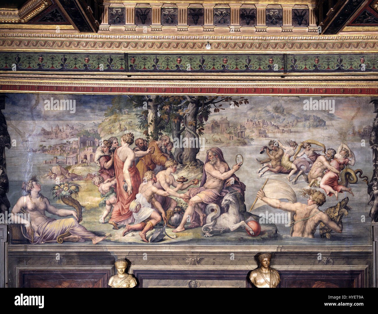 Une représentation de Giorgio Vasari illustrant l'offrande mythologique des premiers fruits de la terre au Dieu romain Saturne, symbolisant l'abondance et la fertilité. Banque D'Images