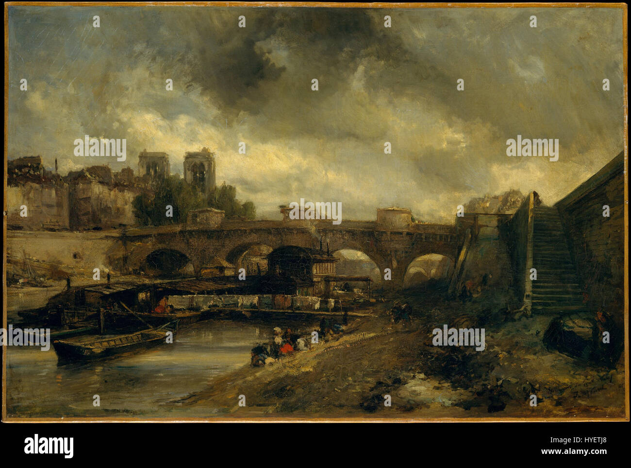 'Le Pont neuf' de Johan Barthold Jongkind représente le pont emblématique de Paris. Cette œuvre est connue pour sa qualité atmosphérique et sa représentation précise du paysage urbain, caractéristique du style de Jongkind. Banque D'Images