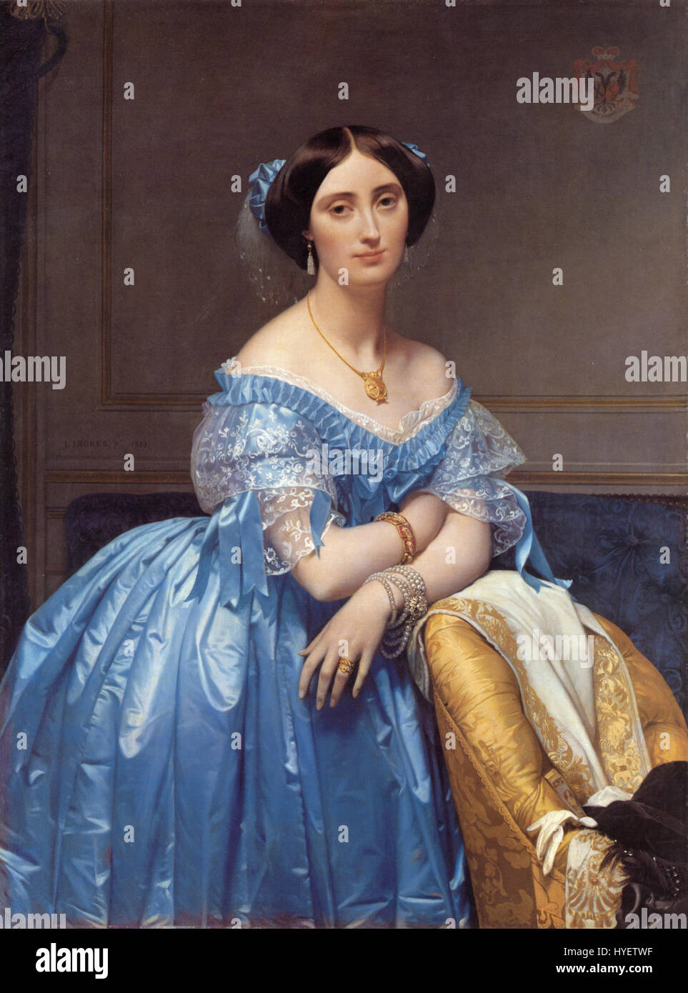 Ce portrait de Jean Auguste Dominique Ingres, « Princesse Albert de Broglie », est une représentation raffinée de l'aristocratie du XIXe siècle, capturant l'élégance et la grâce de la princesse avec une grande attention aux détails dans sa tenue et sa posture. Banque D'Images