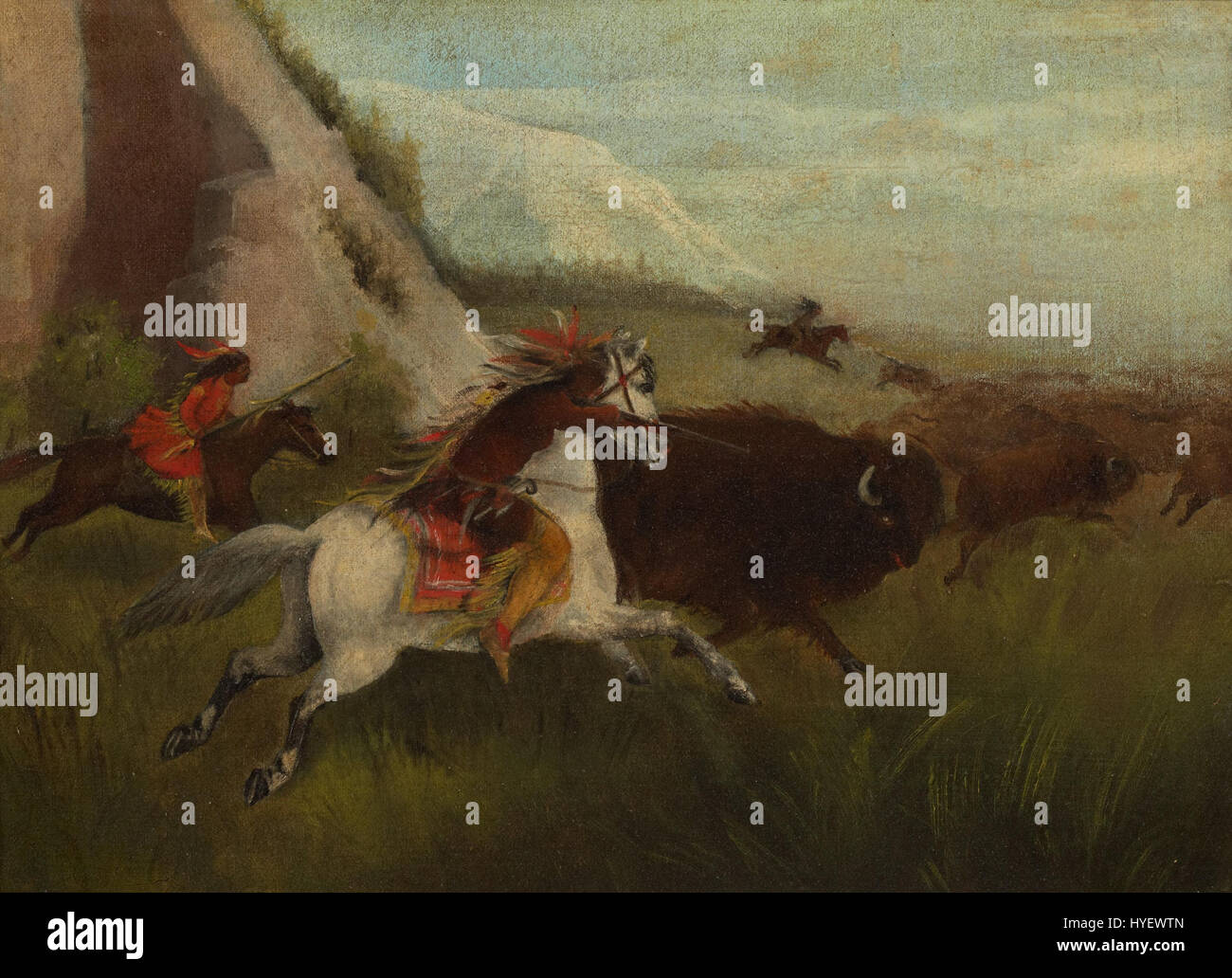 *Buffalo Hunt* de Karl Ferdinand Wimar dépeint une scène dynamique et dramatique de chasseurs amérindiens poursuivant les bisons dans les plaines. Le travail de Wimar est connu pour sa composition bourrée d’action et sa représentation vivante de l’Ouest américain. Banque D'Images