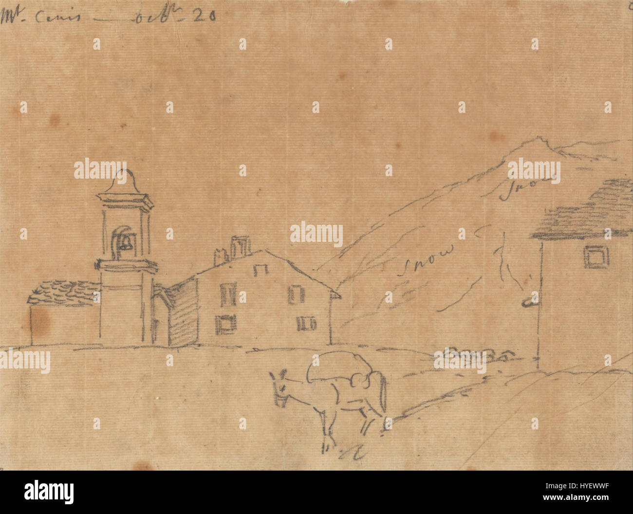 John Robert Cozens, peintre paysagiste anglais, a créé 'Mont Cenis, 20 octobre' dans le cadre de ses études sur les paysages montagneux. Cette œuvre illustre son utilisation délicate de la couleur et son expertise dans la représentation de la vaste beauté de la nature. Banque D'Images