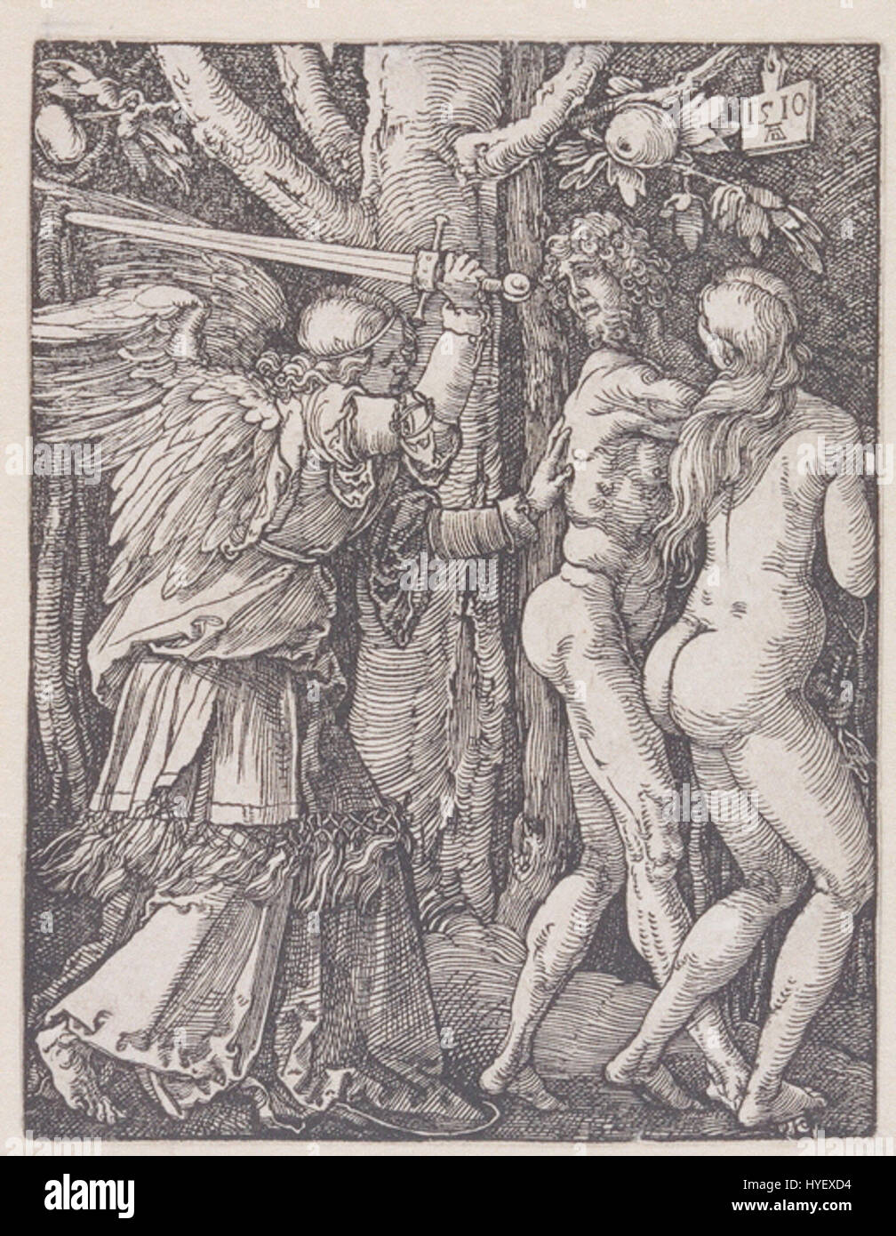 Cette œuvre d'art représente l'histoire biblique d'Adam et Eve étant chassés du jardin d'Eden. Il interprète visuellement leur moment de honte et de tristesse alors qu’ils sont confrontés à l’ange et forcés de quitter le paradis. Le thème se concentre sur la faillibilité humaine et le jugement divin, véhiculant les conséquences morales de la désobéissance. Banque D'Images