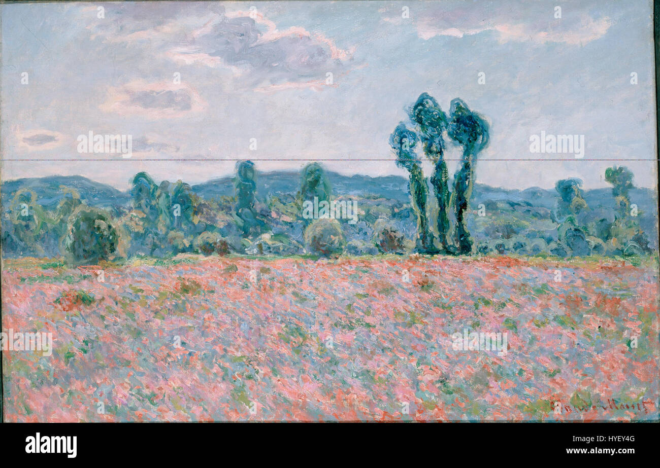 « Poppy Field » (1886) de Claude Monet est une peinture impressionniste vivante représentant un champ de coquelicots vibrant dans la campagne française, mettant en valeur la maîtrise de Monet de la couleur et de la lumière pour capturer la beauté de la nature. Banque D'Images