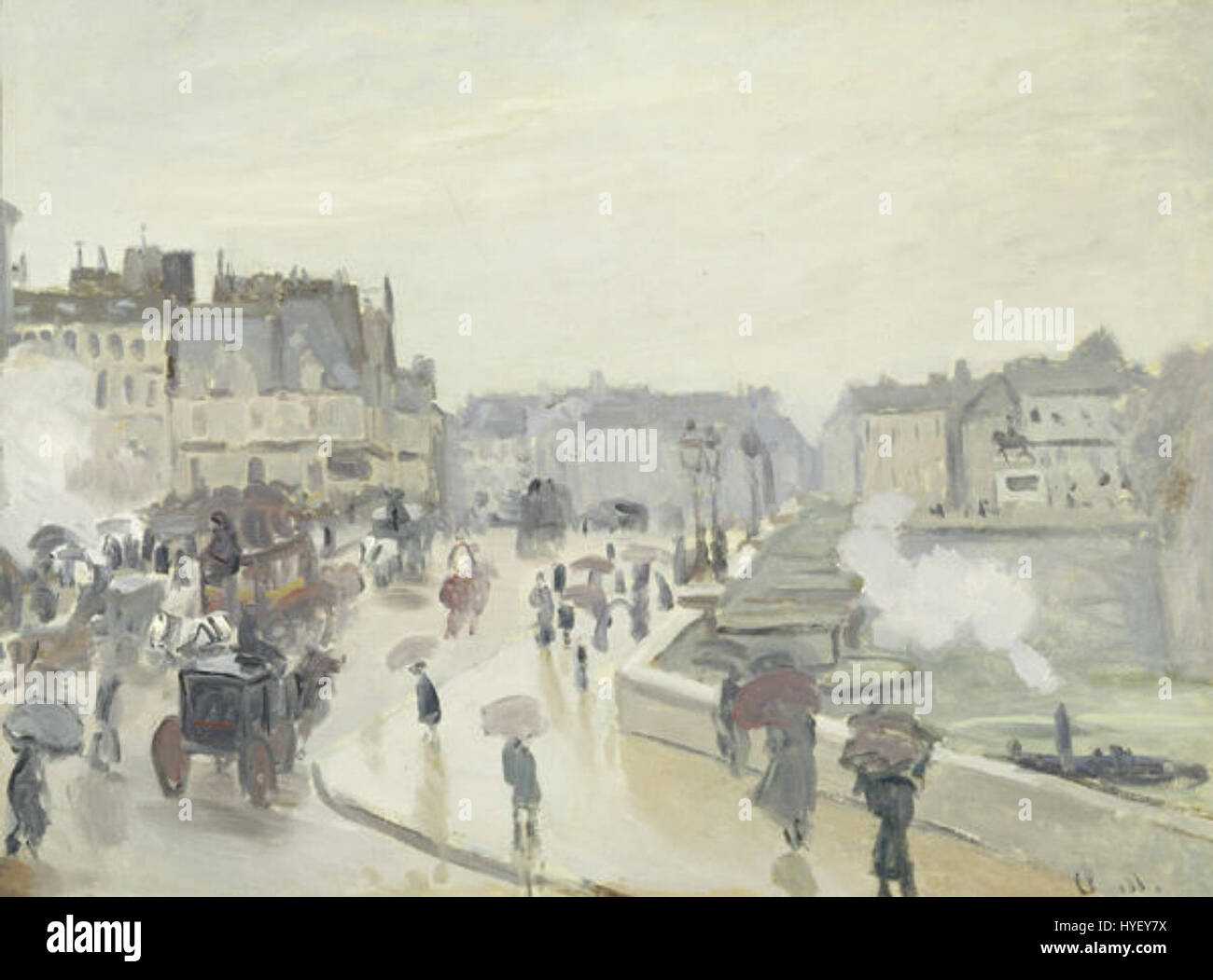 'Le Pont neuf' de Claude Monet est une peinture mettant en valeur le pont emblématique de Paris. Le style impressionniste de Monet capture l’eau qui coule et la lumière atmosphérique, soulignant le reflet du pont sur la rivière. Banque D'Images
